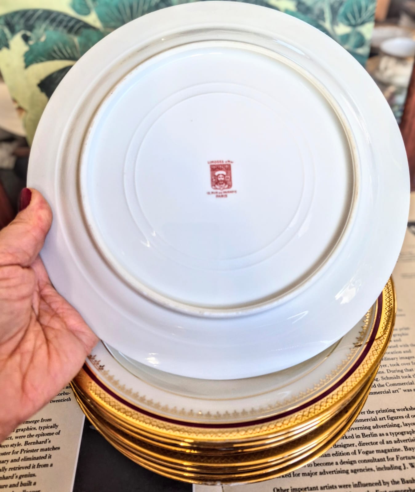 Conjunto de 8 pratos par almoço em porcelana vintage espetacular francesa Limoges Unic, anos 50, com linda e intacta faixa em ouro 24k incrustado. 