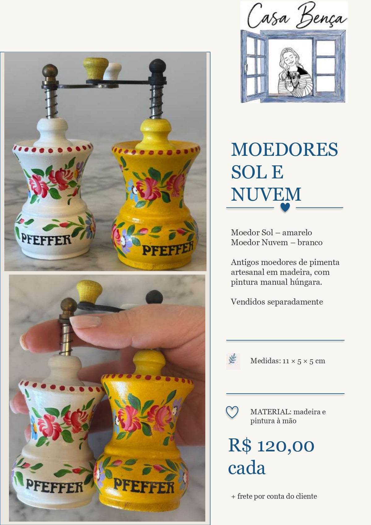 Moedores de pimenta artesanal - Moedores "Sol e Nuvem" em amarelo e branco 