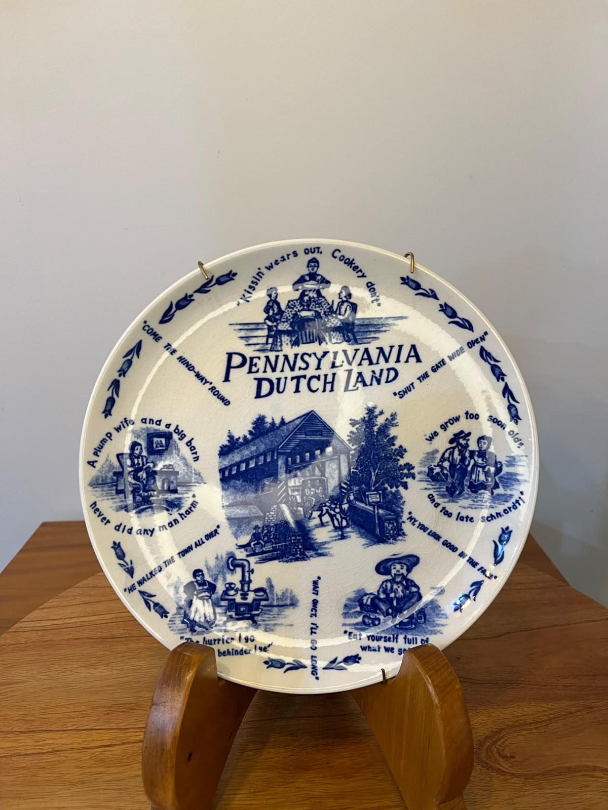 Prato decorativo em cerâmica Pennsylvania Dutch Land azul e branco – Japão – 24 cm