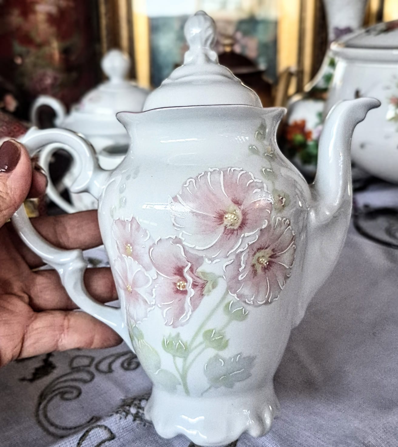 Conjunto para café em porcelana floral vintage Schmidt. Perfeito estado.  Lindo. 3 peças.