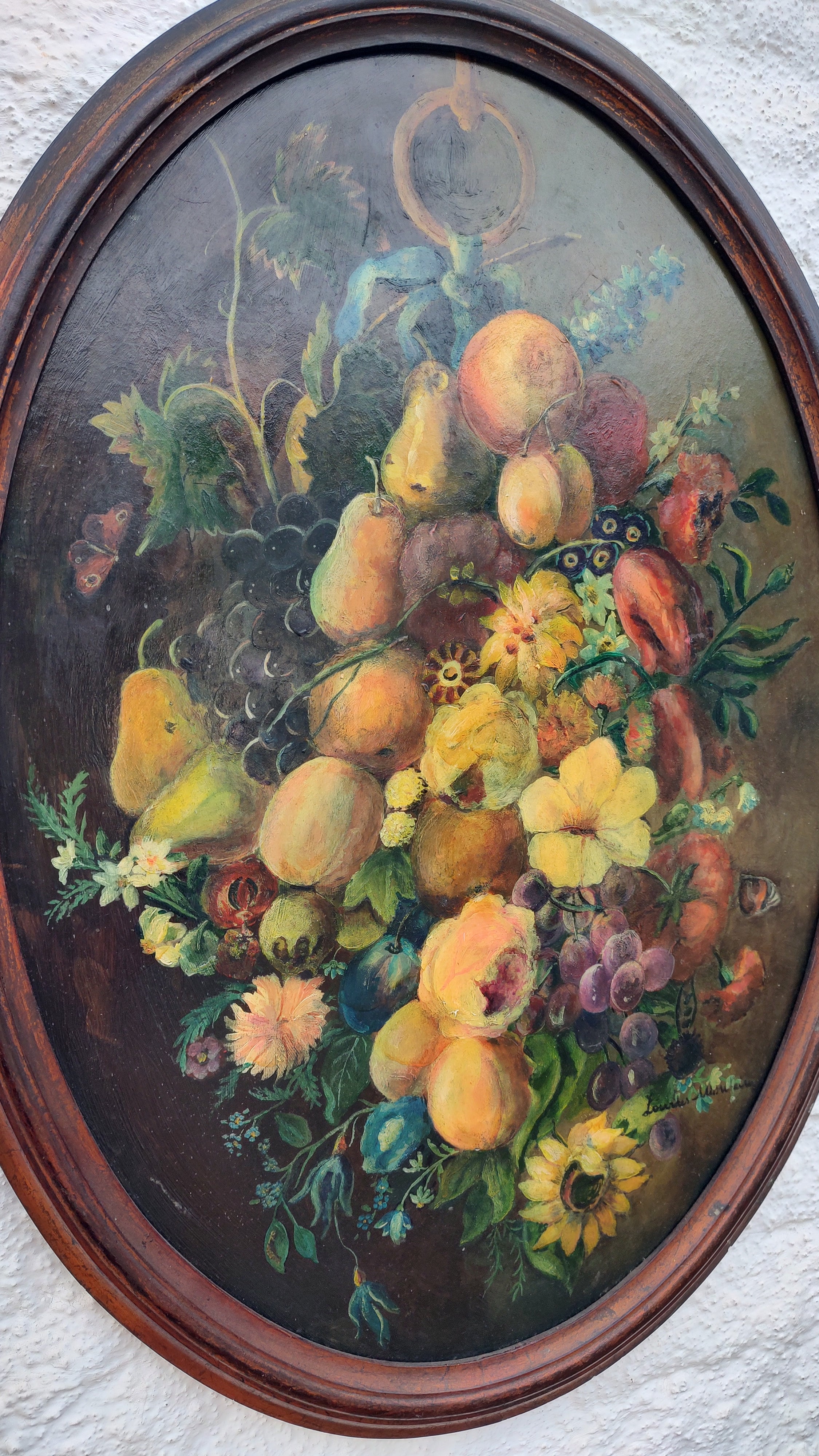 Maravilhoso Quadro oval com pintura à óleo de Flores e Frutas (76cm x 56cm)