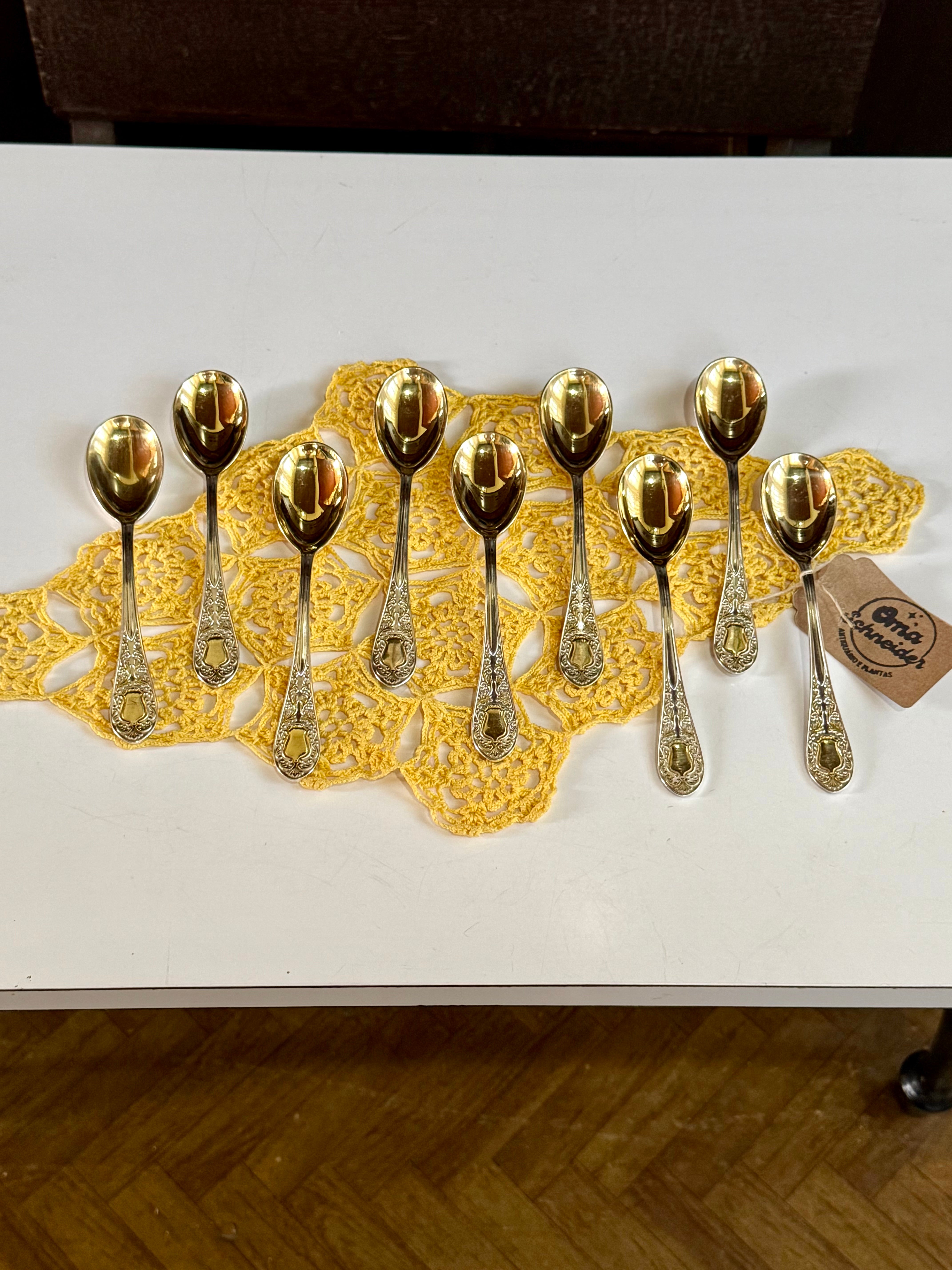 Lote de 9 colheres de sobremesa Eberle banhada a ouro e espessurada a prata 90