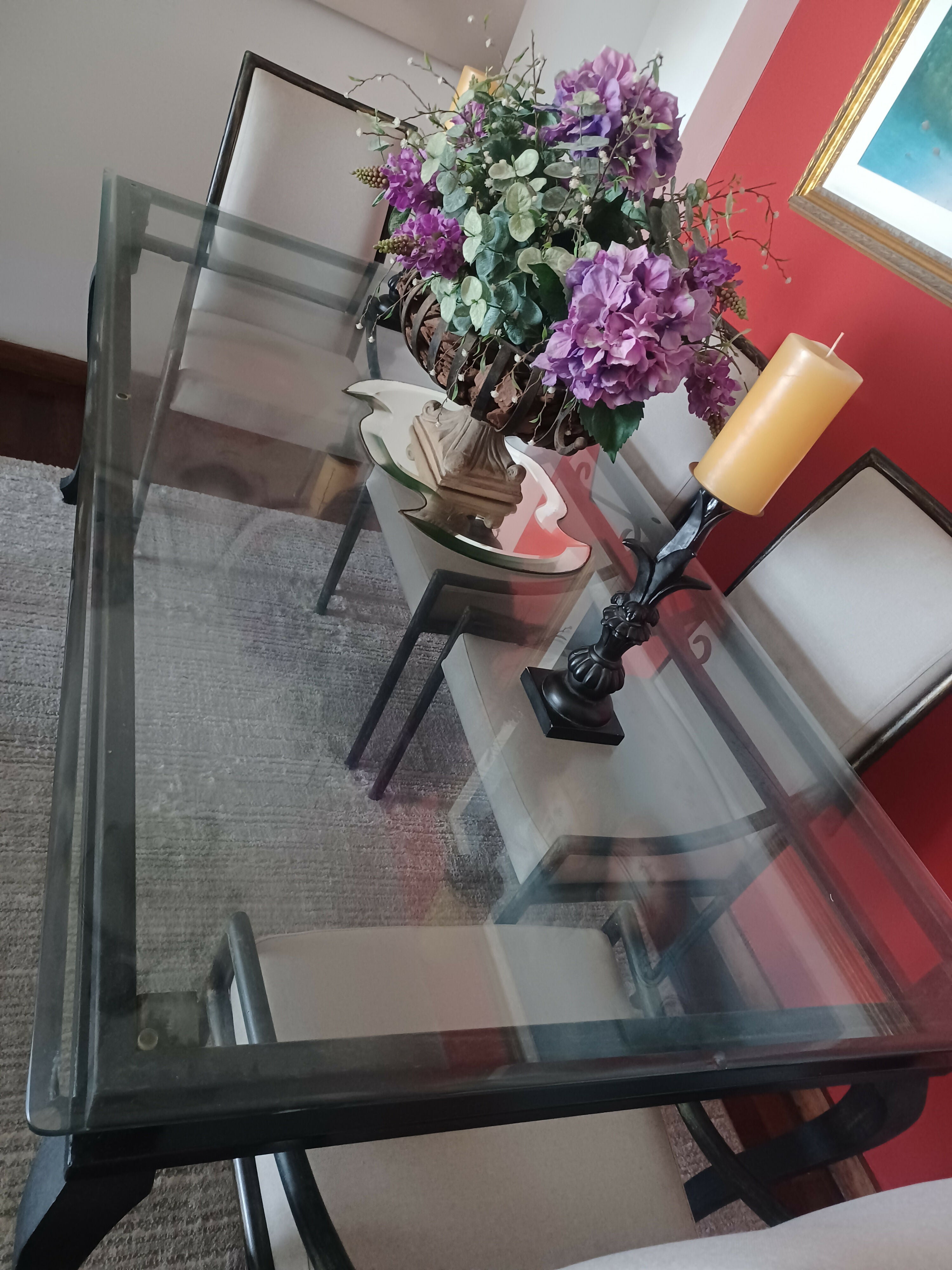 Mesa de jantar em ferro com tampo de vidro + 6 cadeiras