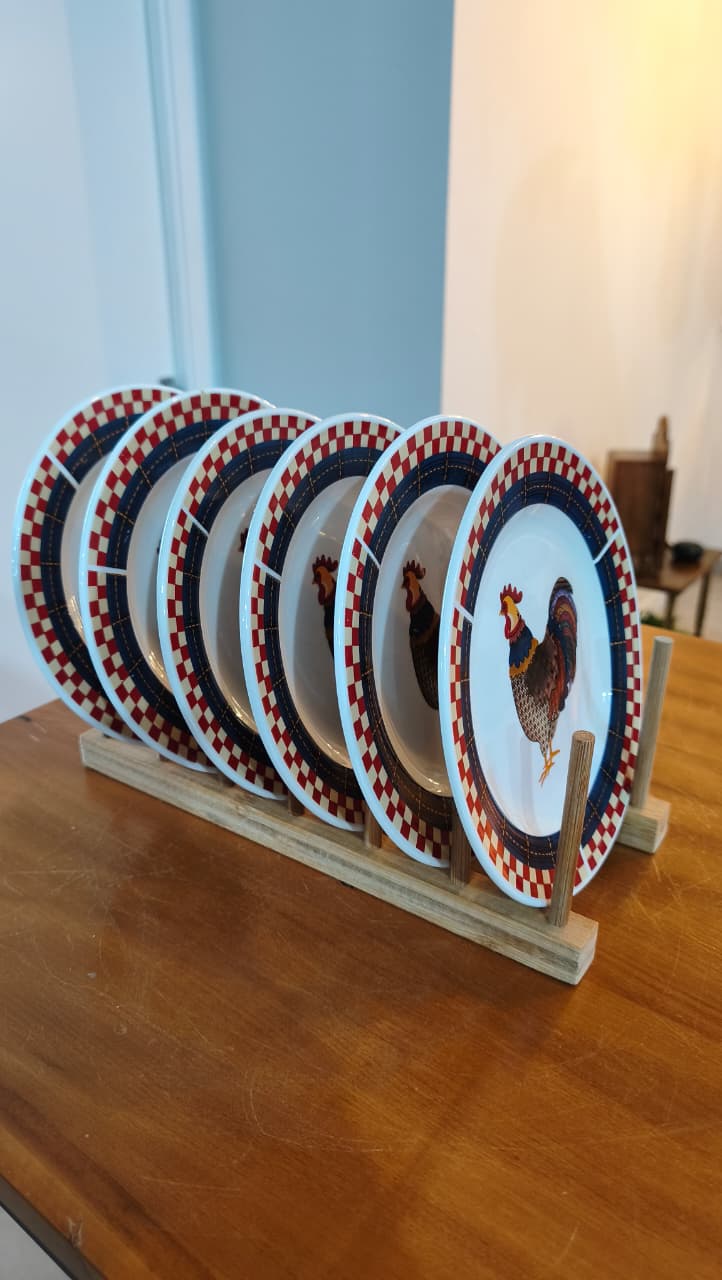 Conjunto de 6 Pratos Majesticware by Oneida – Calico Rooster com ilustração central de Galo | Leslie Beck