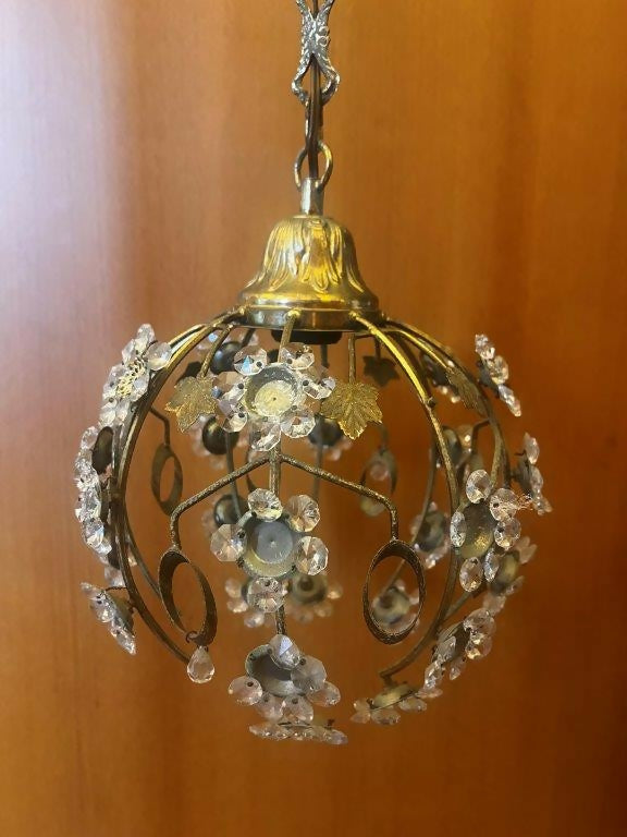 Antigo Lustre pendente bola de metal e cristais