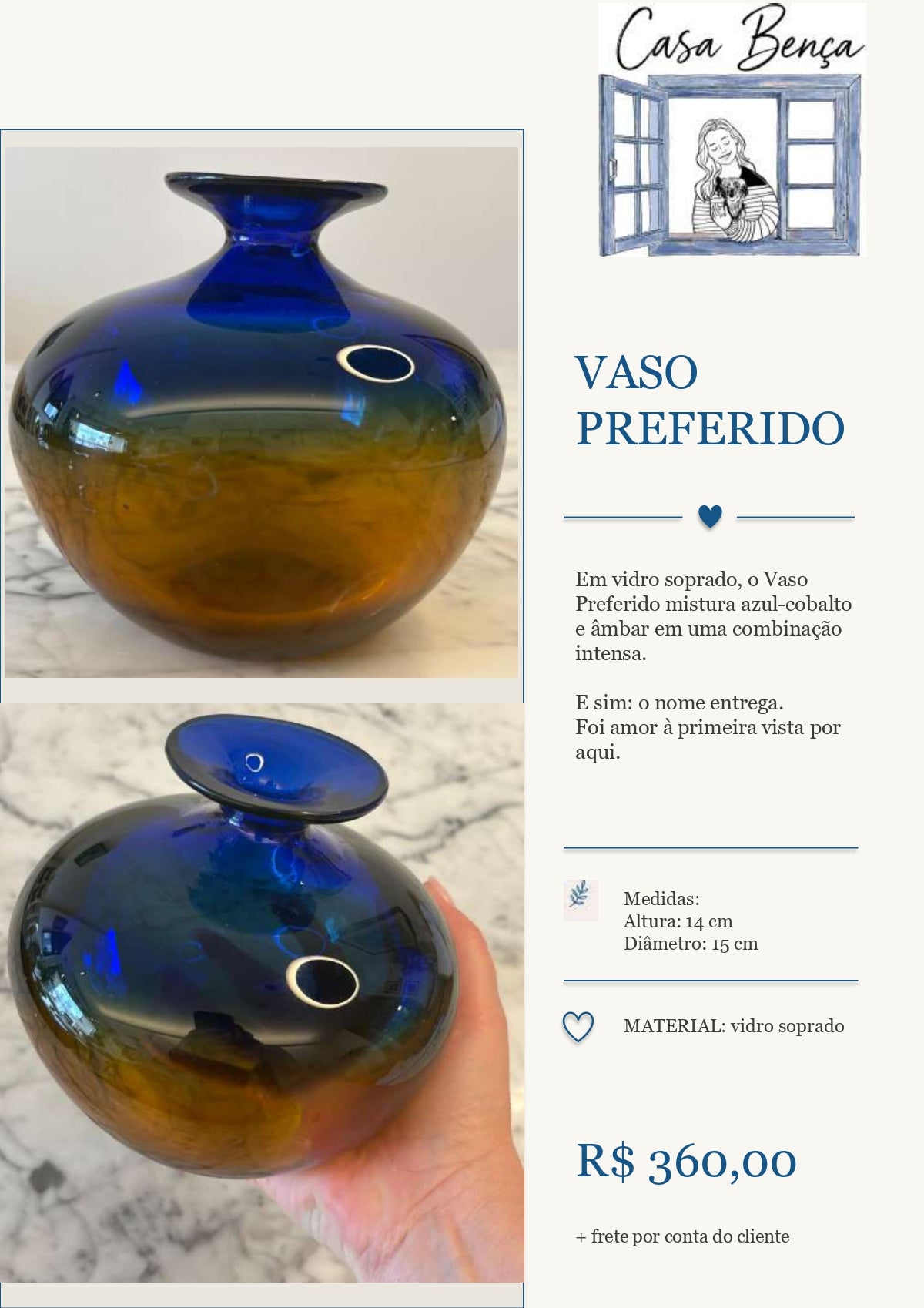 Vaso em vidro soprado em tom azul e âmbar - Vaso "Preferido"