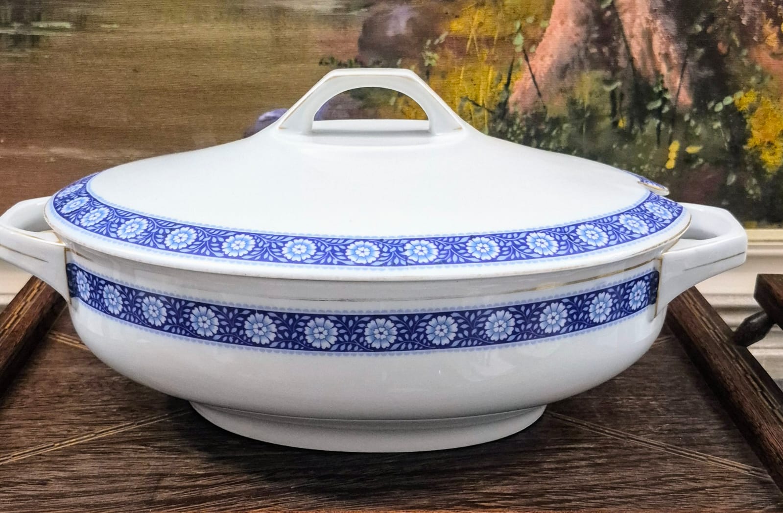  Sopeira oval vintage com detalhes em azul, anos 70, em porcelana alemã MS - Melitta Friesland