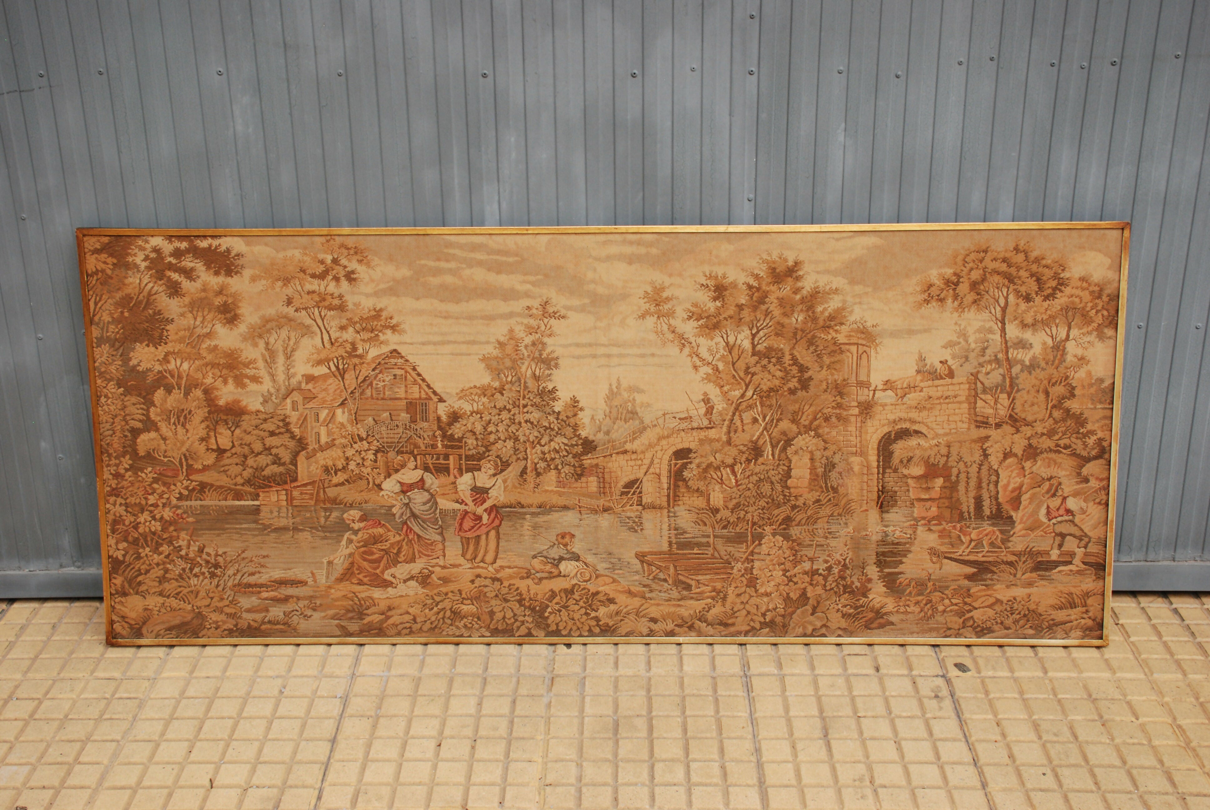 quadro italiano em tecido gobelen anos 60 - 70 - 1,60 X 0,67 com selo