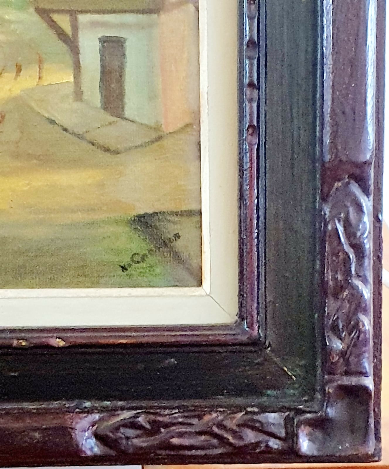 Quadro, óleo sobre tela, que representa uma cena casario em paisagem do interior. Moldura em madeira nobre maravilhosa!