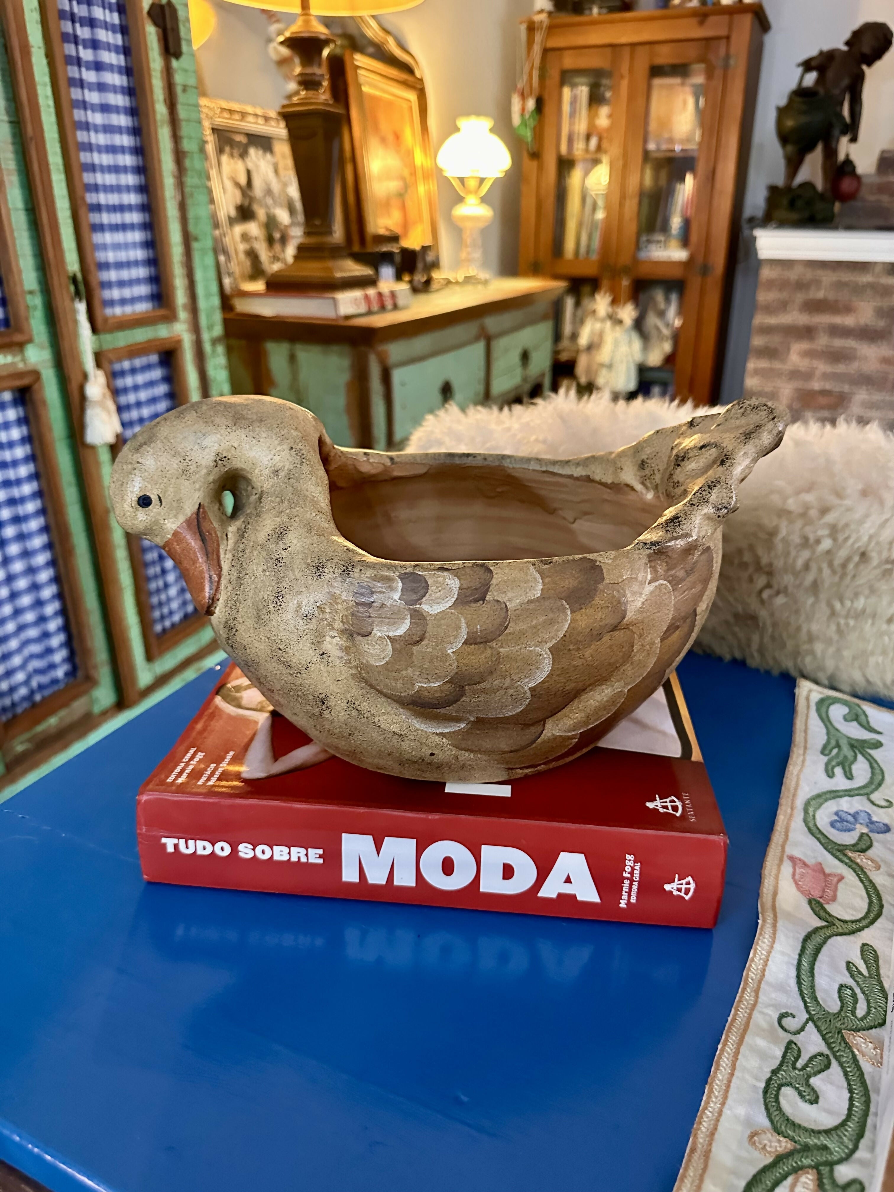 Pato - Maravilhosa e perfeita pata floreira vintage grande em barro com linda pintura alemã Bauernmalerei