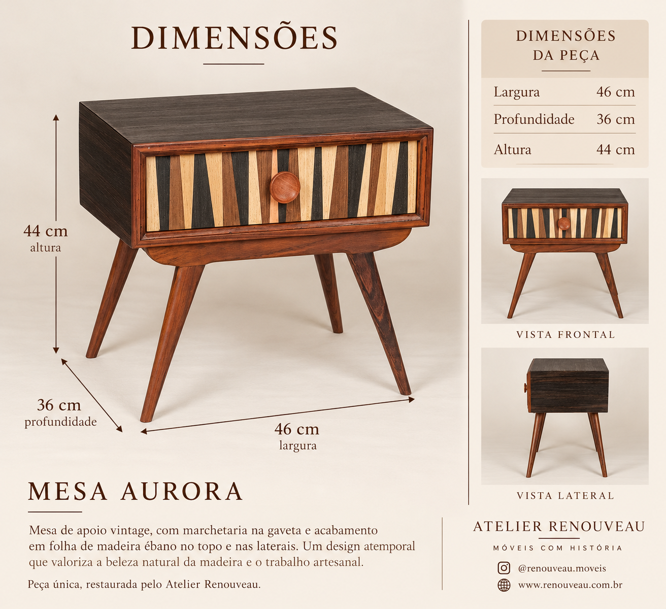 Mesa de Cabeceira Vintage com Marchetaria Geométrica e Ébano – Aurora