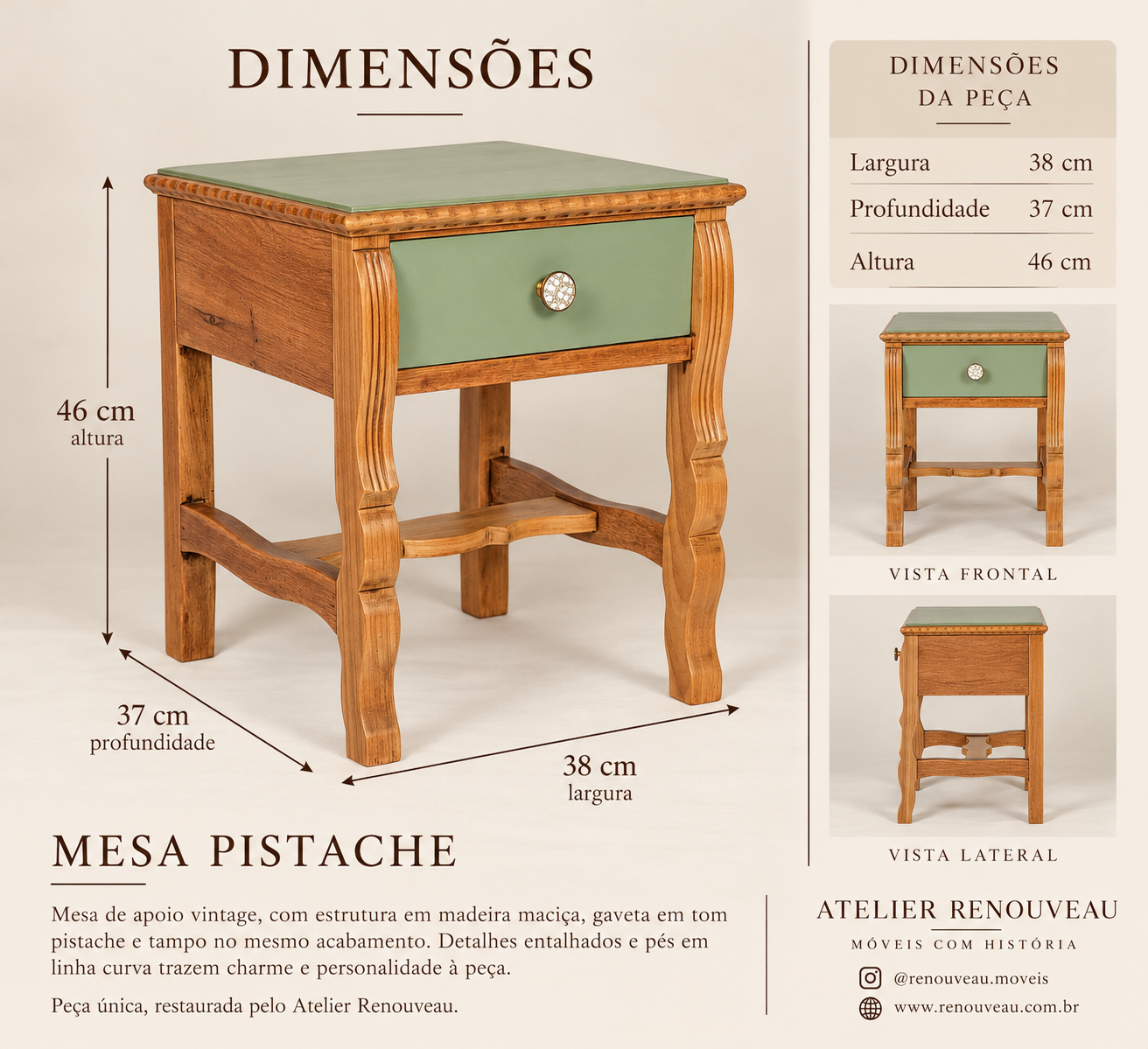 Mesa de Cabeceira Vintage em Madeira Clara com Gaveta Verde - Pistache