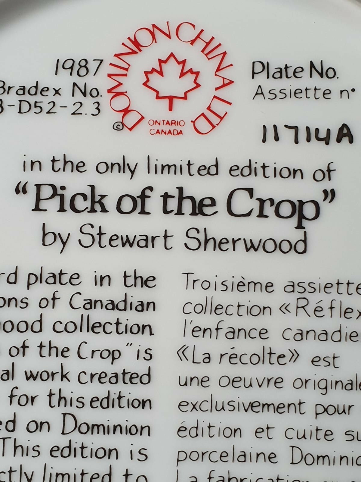 Prato decorativo raro de colecionador "Pick of the Crop", 1987, Dominion China, Ontario Canada. Maravilhoso!