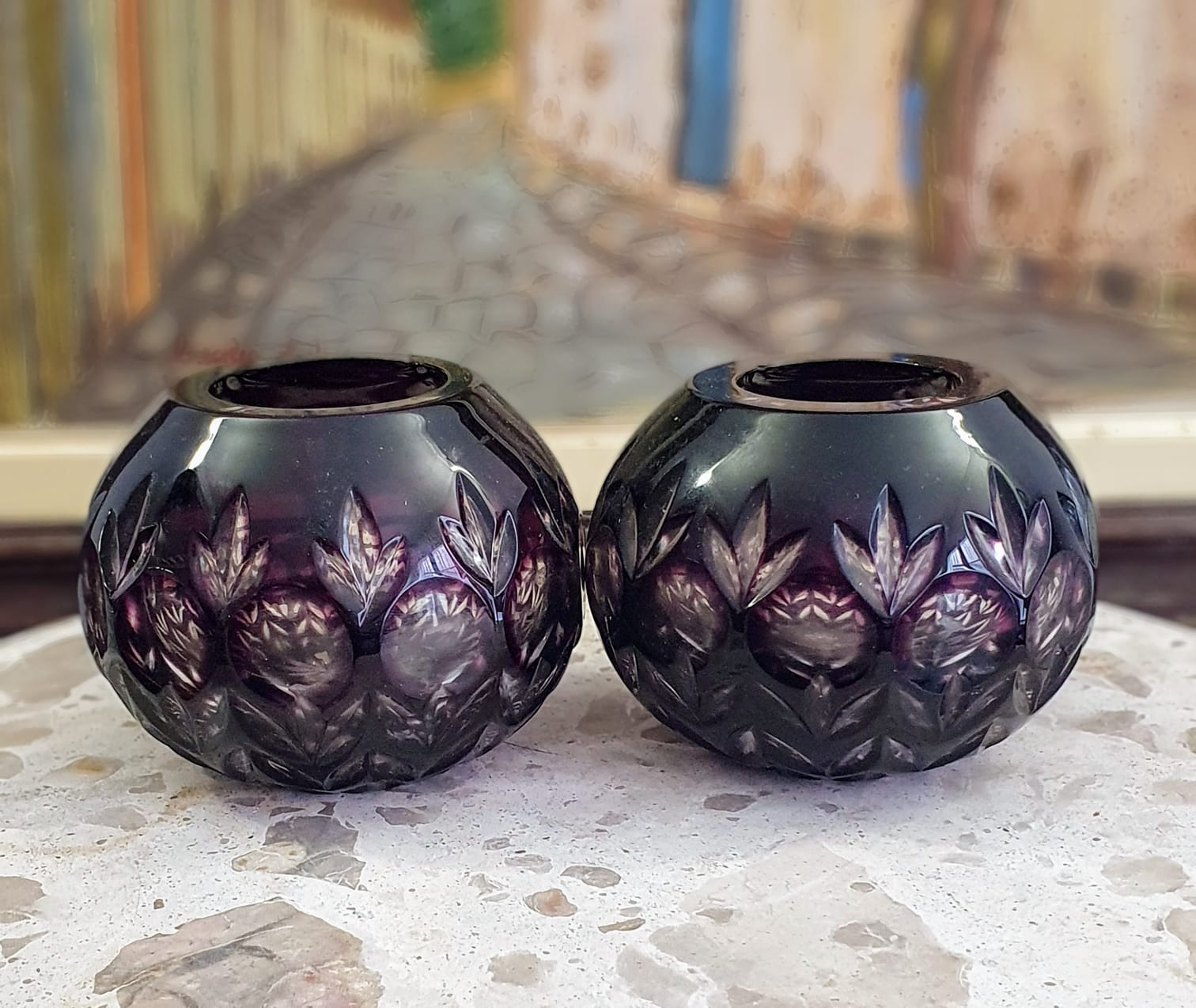 Par de porta velas em cristal overlay em tom de roxo/uva. Muito lindos.