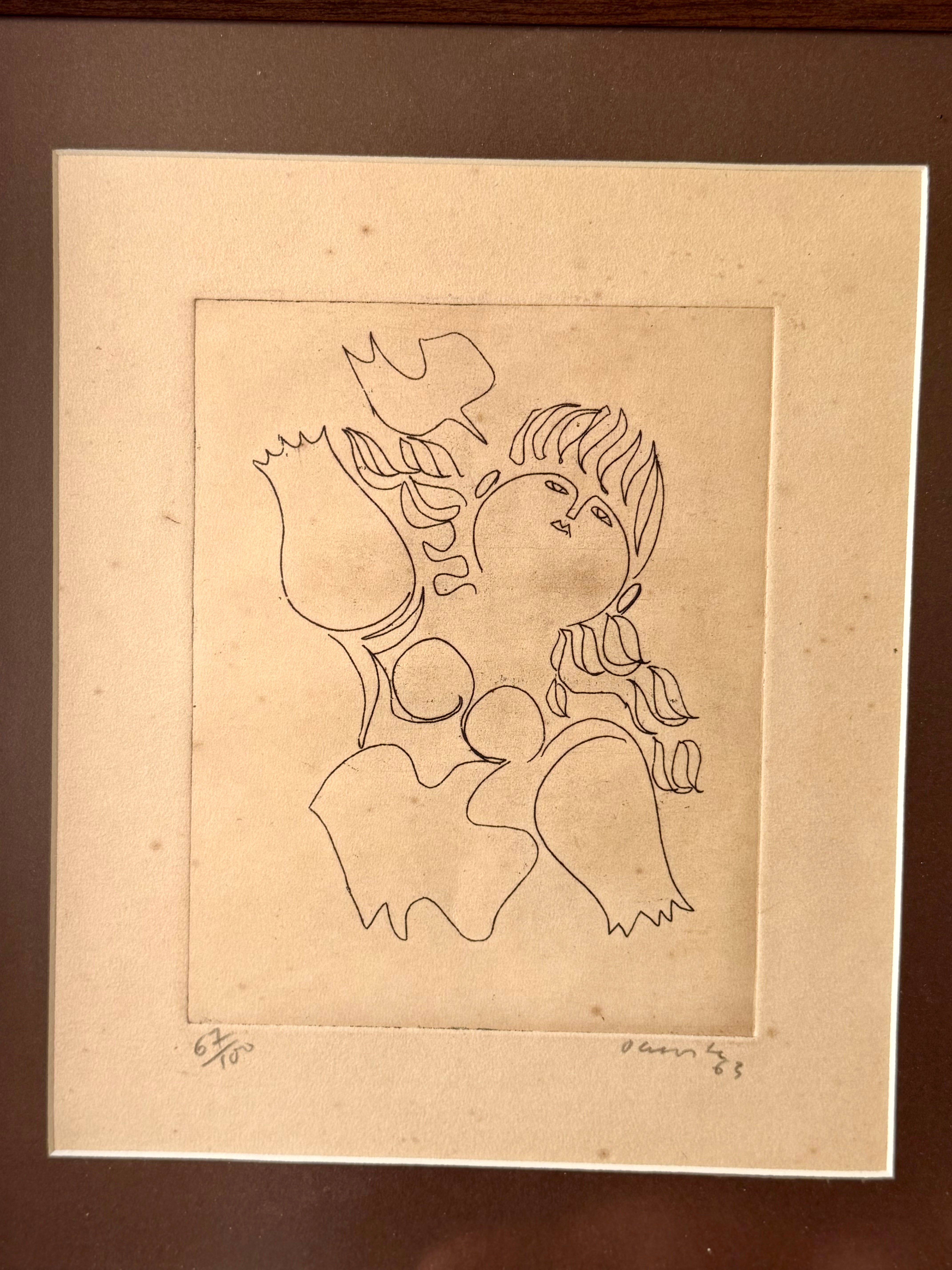 Quadro com Gravura de Milton Dacosta (1915 - 1988) representando "Vênus e a Pomba" 
