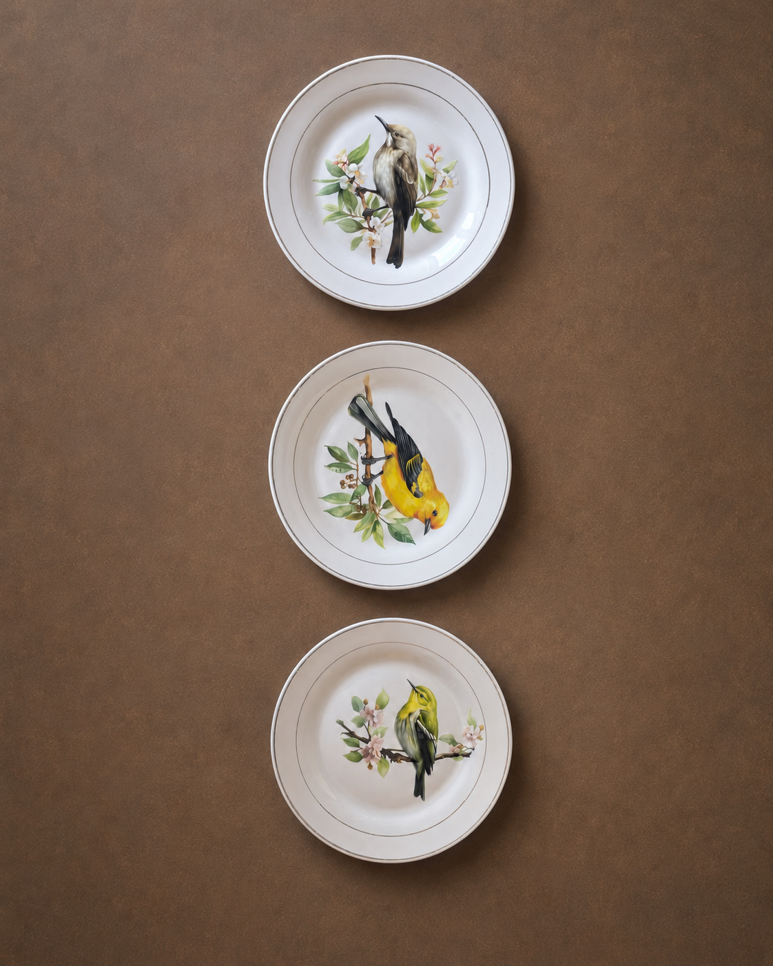 Trio de pratos decorativos com aves (DMCPS_656)