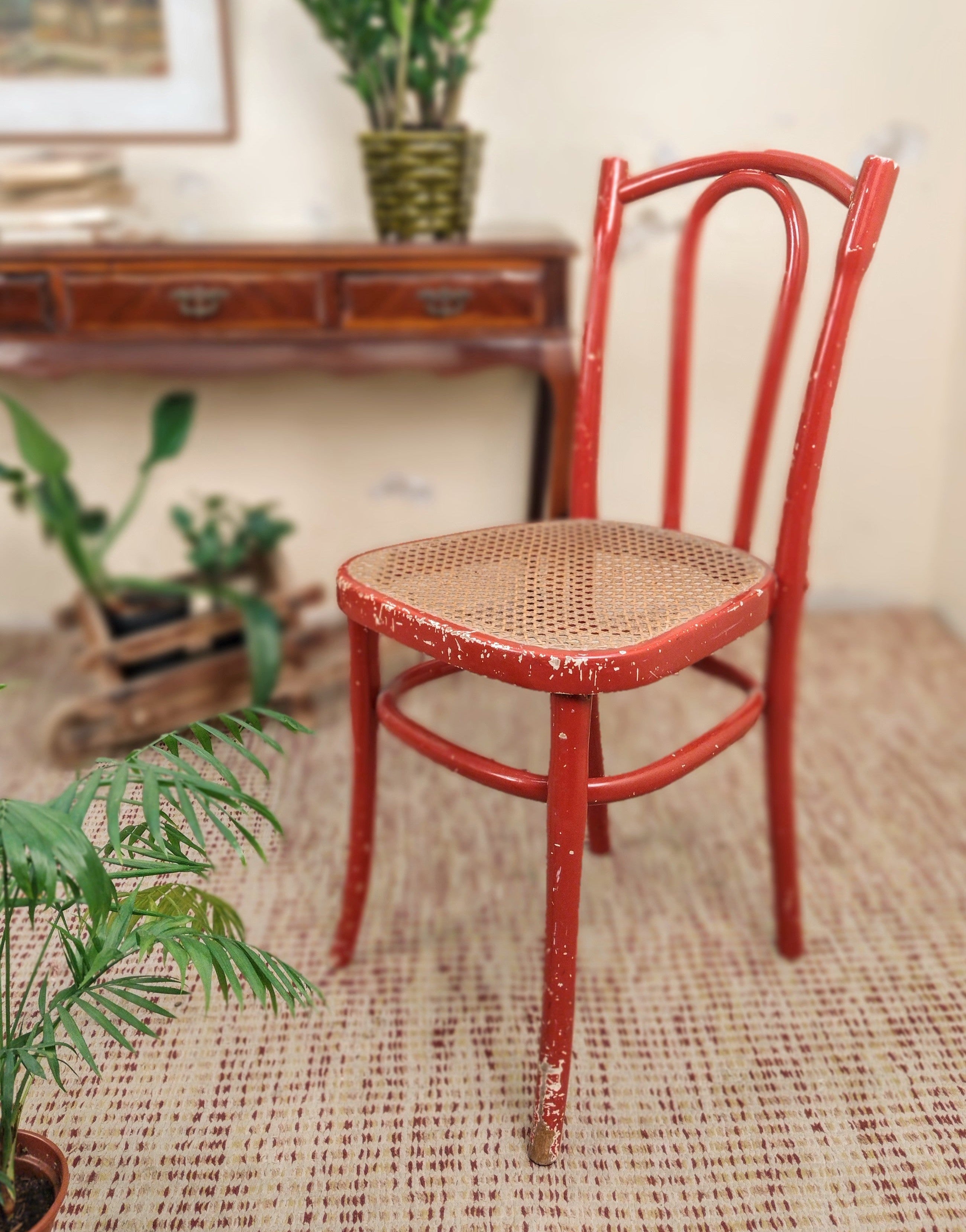 Cadeira em madeira vergada laqueada em vermelho e palhinha indiana