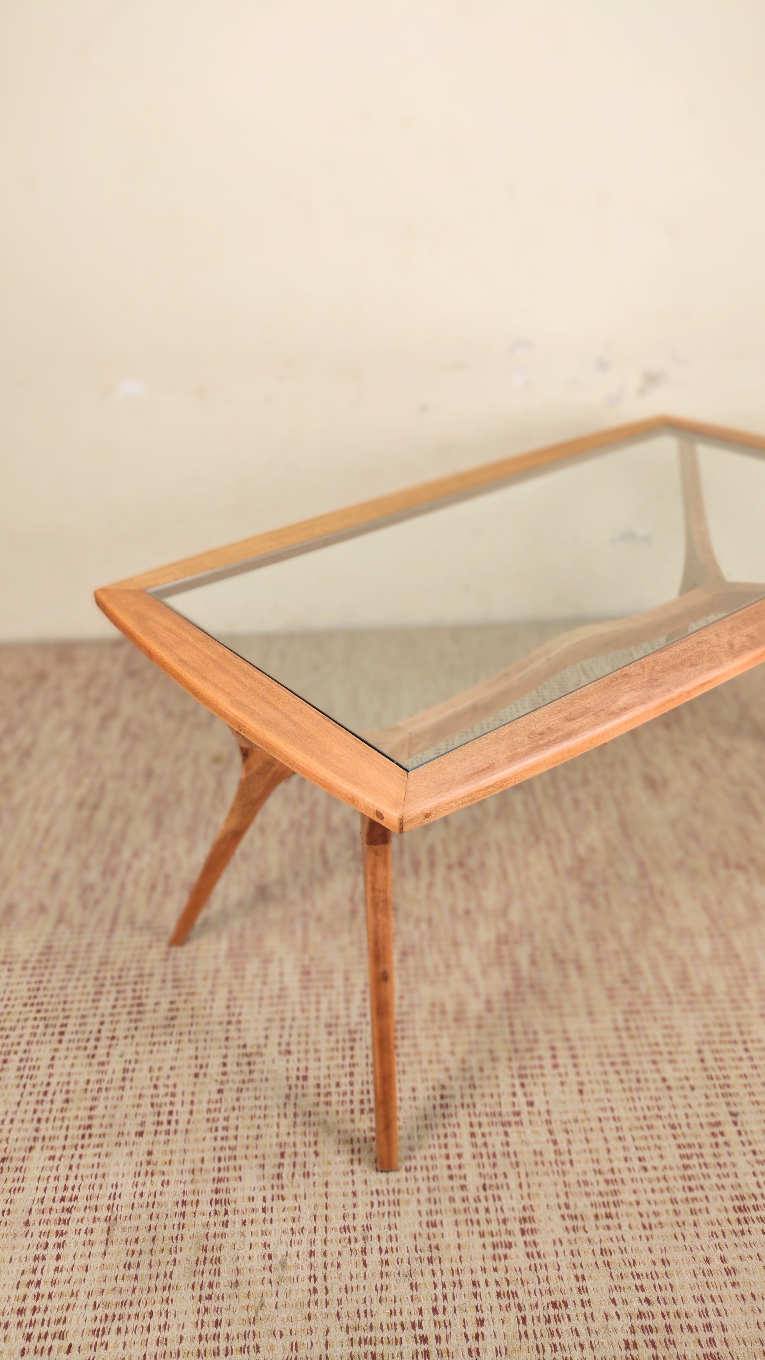 Mesa retangular atribuída à Vladimir Kagan em madeira clara e vidro (L- 160cm) - 6 lugares