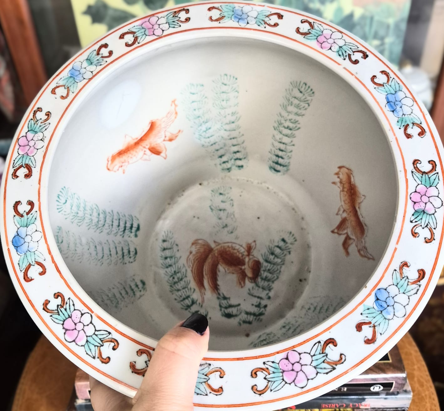  Cachepot aquário em porcelana chinesa vintage, anos 70, estilo Huaniao (pássaros e flores) da Família Rosa.