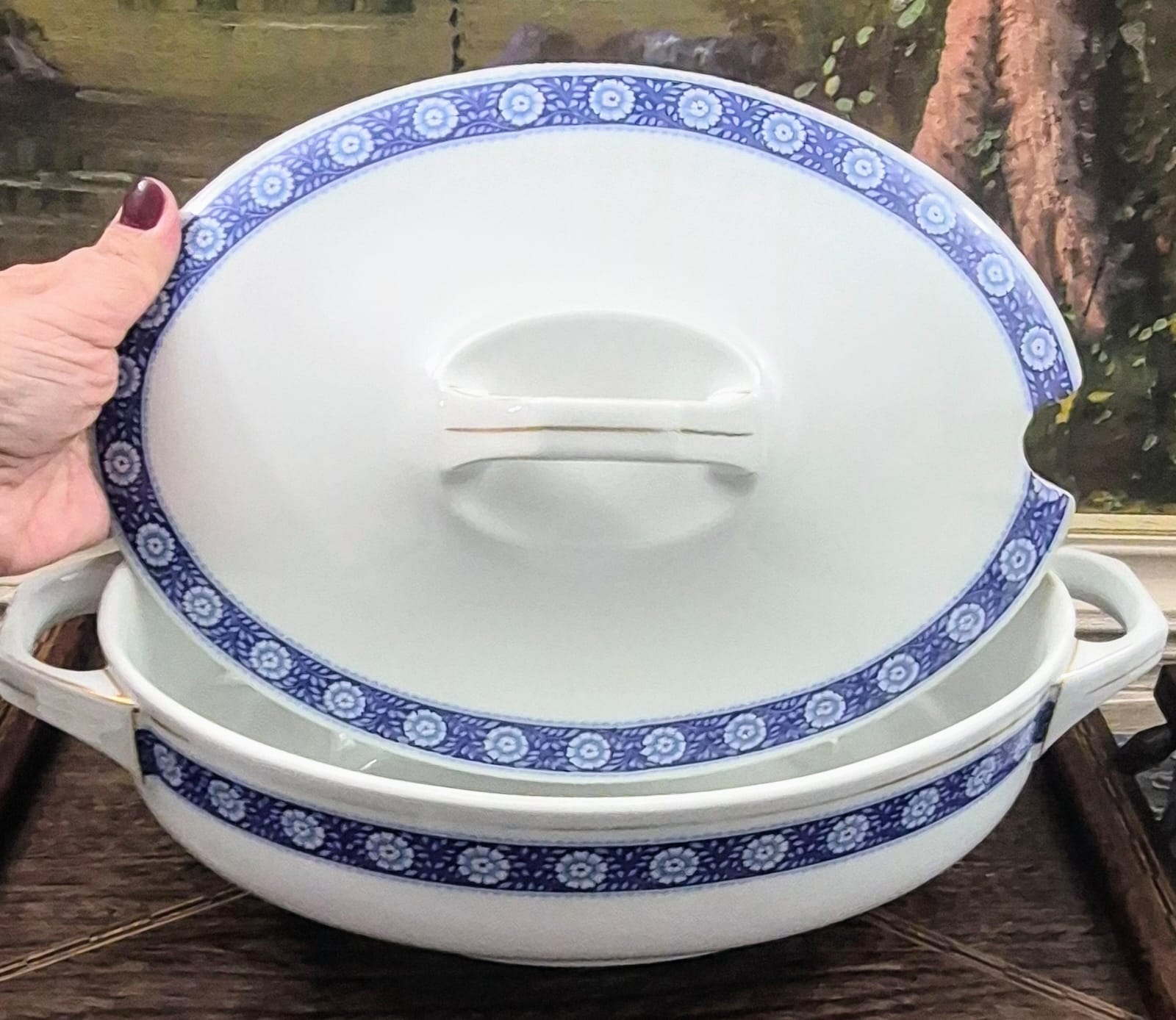  Sopeira oval vintage com detalhes em azul, anos 70, em porcelana alemã MS - Melitta Friesland