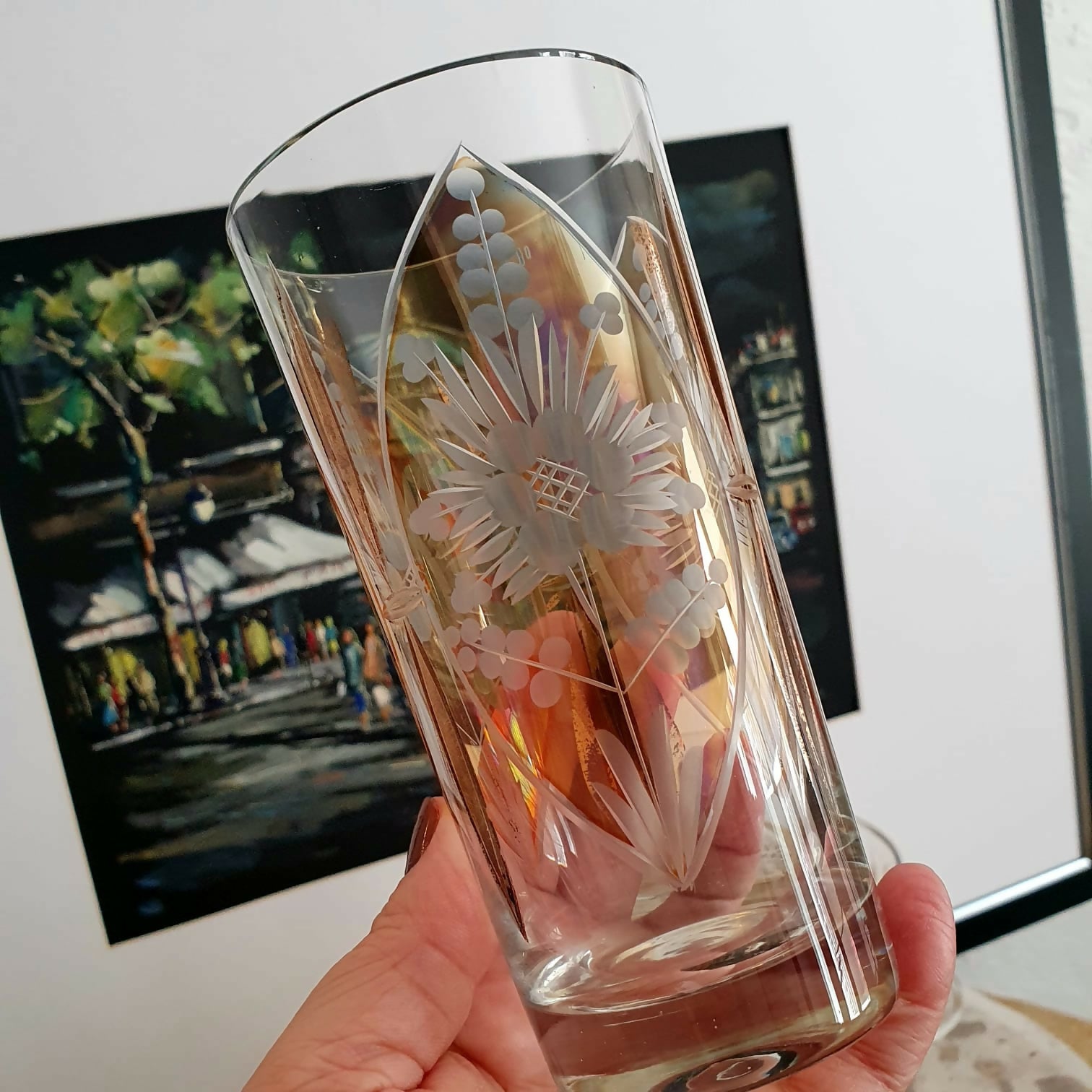 Maravilhoso conjunto vintage com 7 peças em demi cristal lapidado translúcido/âmbar. Incrível, anos 50/60, raro encontrar neste estado!