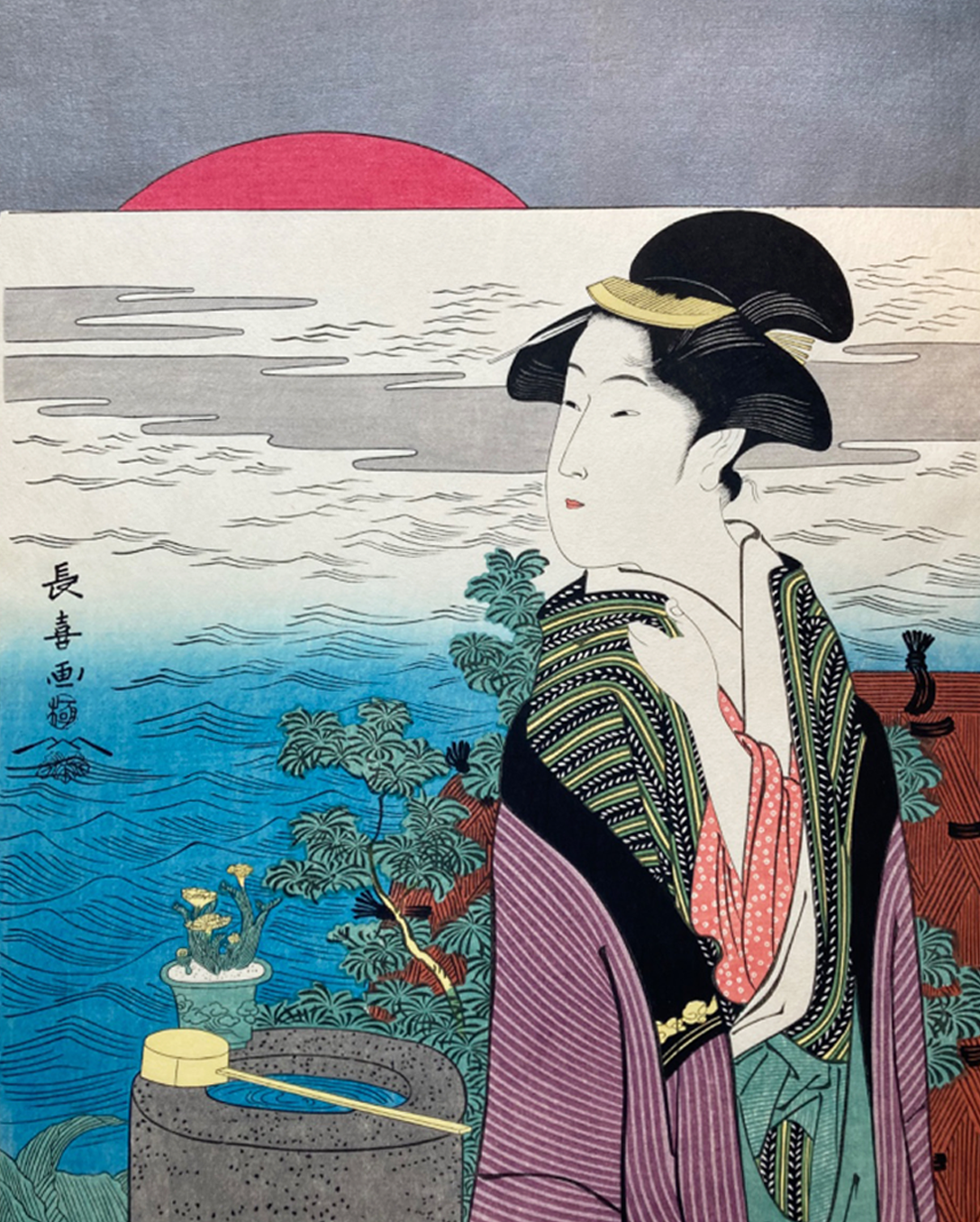 Xilogravura japonesa (Ukiyo-e) de Eishosai Choki "Primeiro nascer do sol do Ano Novo" (Hatsuhinode) - Autêntica