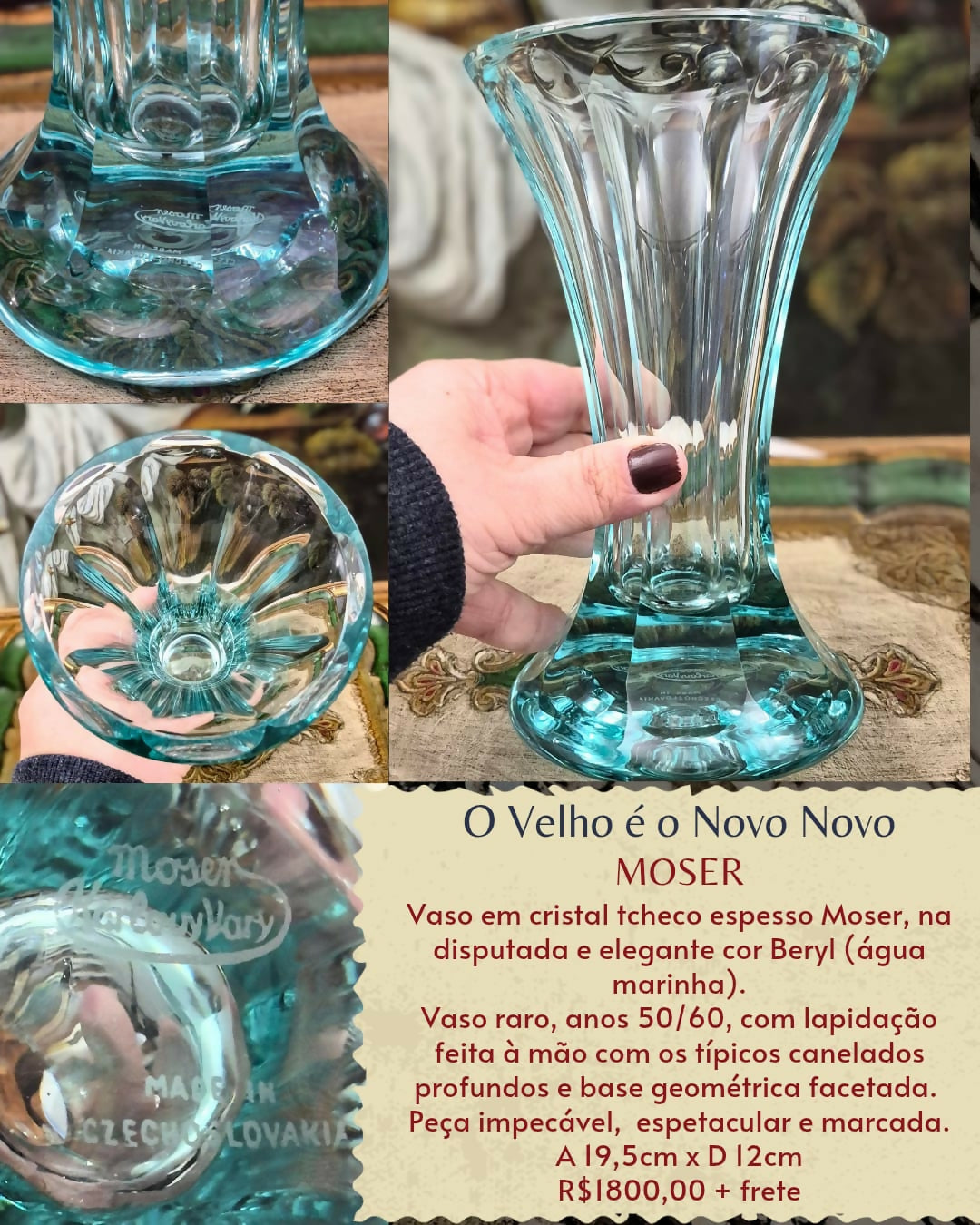 Vaso em bloco de cristal Moser em cor água marinha maravilhoso e impecável!