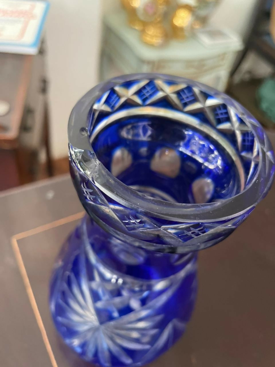 Vaso de cristal double/overlay azul lapidado