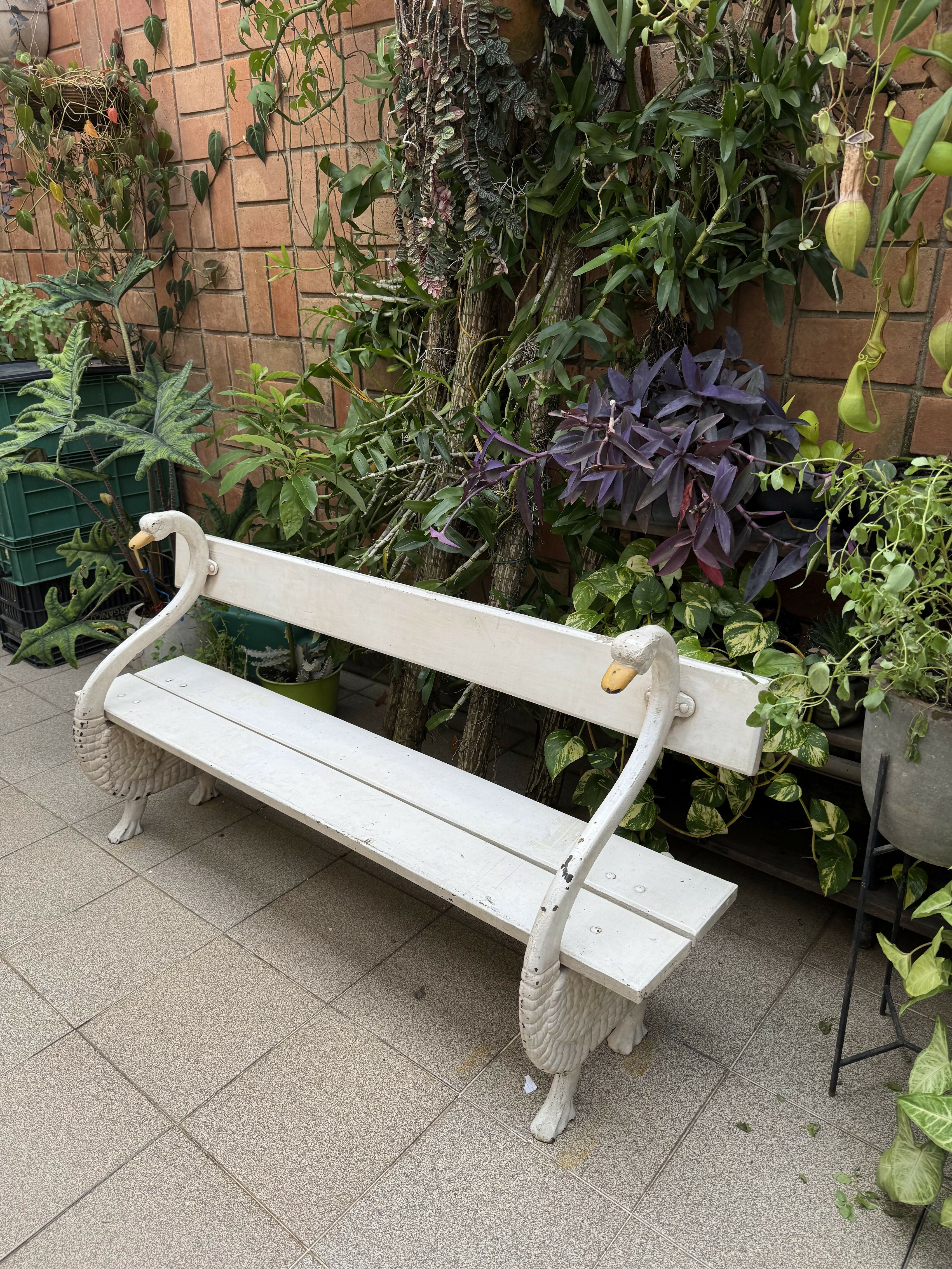 Banco de madeira em formato de dois cisnes