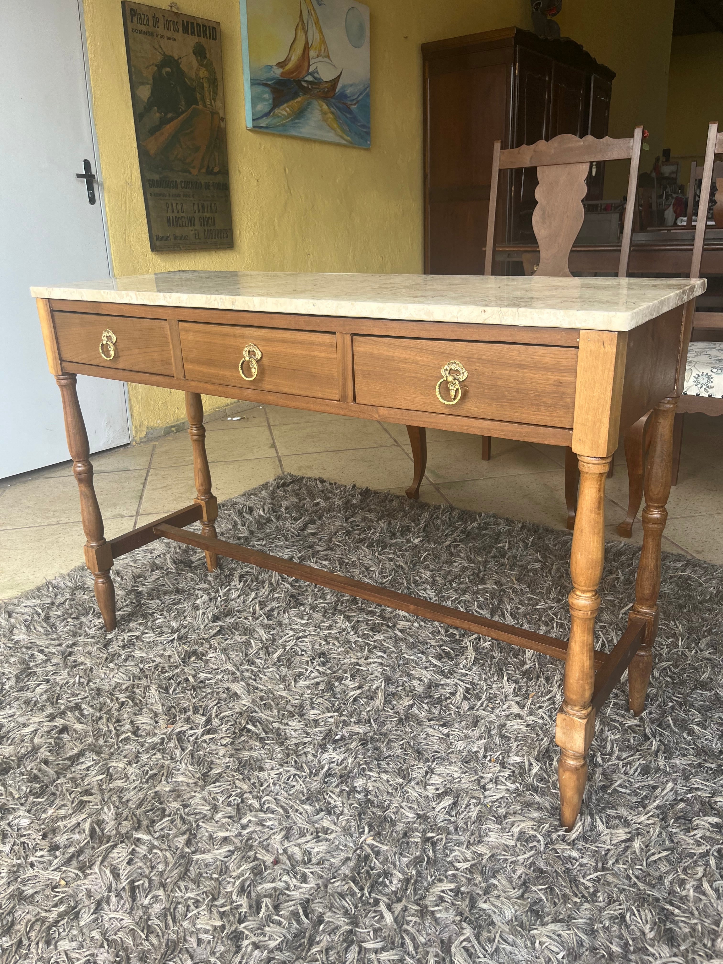 APARADOR/ESCRIVANINHA IMBUIA RESTAURADA COM PEDRA DE TRAVERTINO