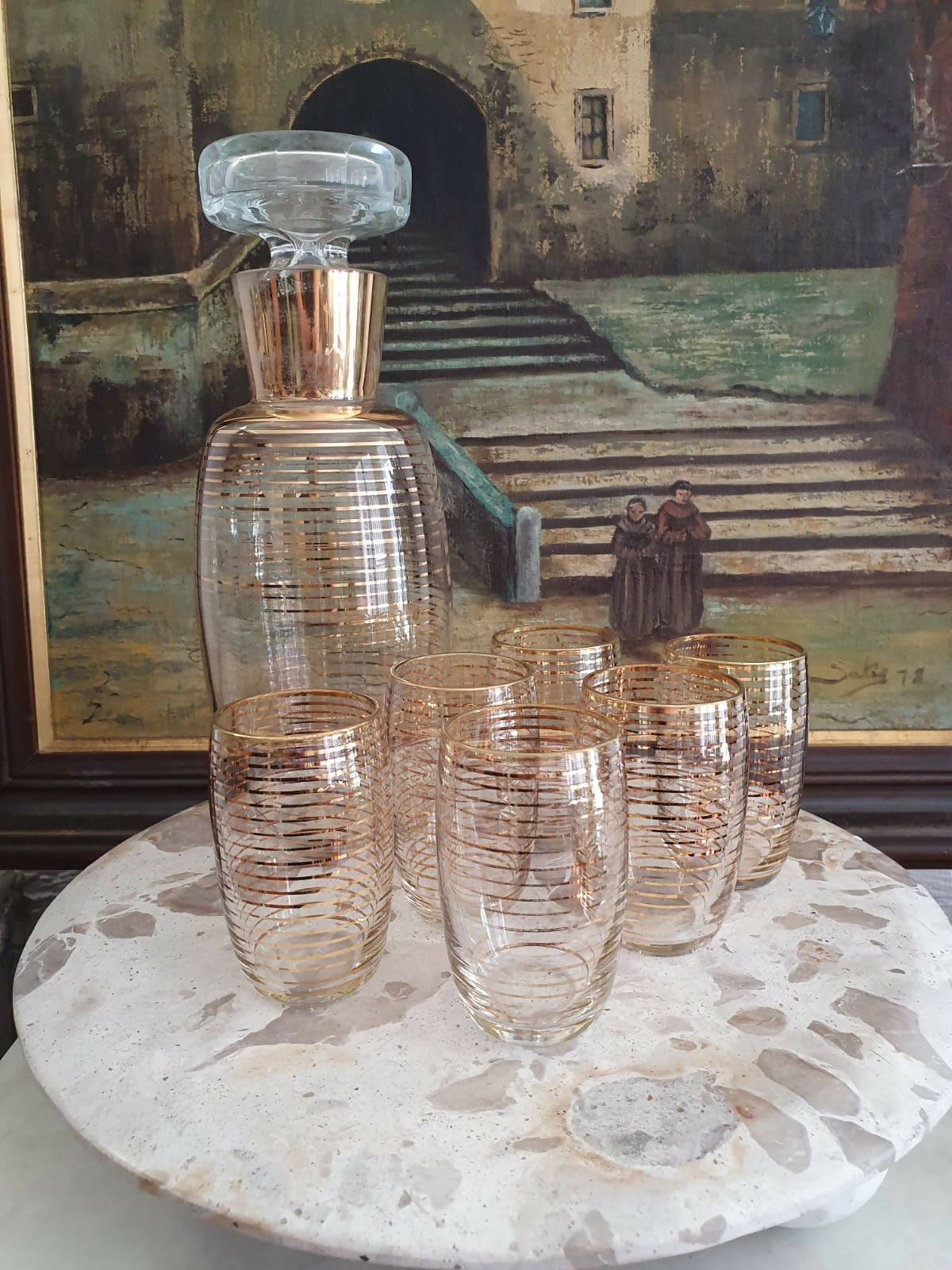 Conjunto de licoreira e 6 copinhos em vidro dos anos 50, lindos e perfeitos. Lindo!