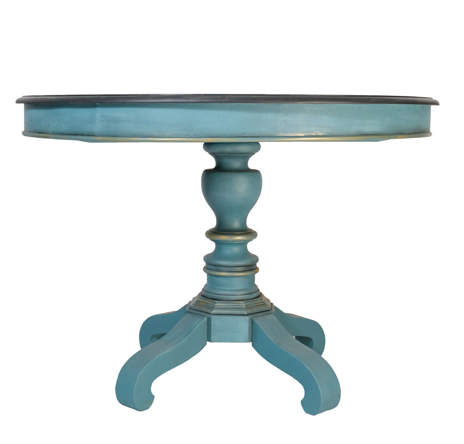 Mesa de Jantar Redonda restaurada Azul e Preta - Madeira Maciça