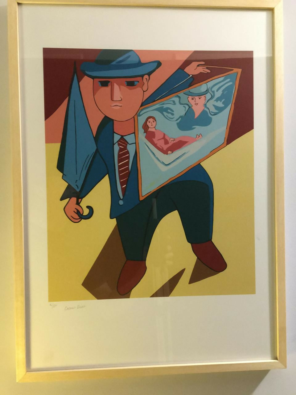 Quadro serigrafia de Cicero Dias Homem com Guarda Chuvas e Espelho. Assinada. 8-20