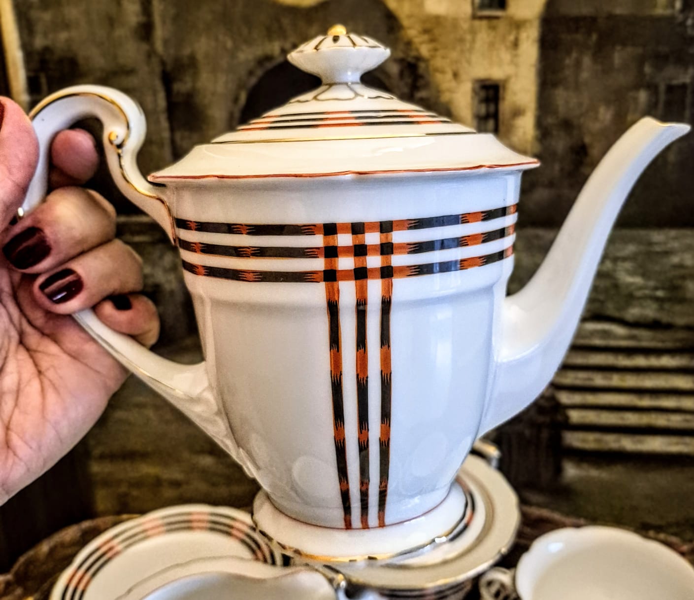 Lindíssimo jogo de chá antigo,  anos 30, em porcelana japonesa Noritake.  Incrível padrão xadrez Art Decó