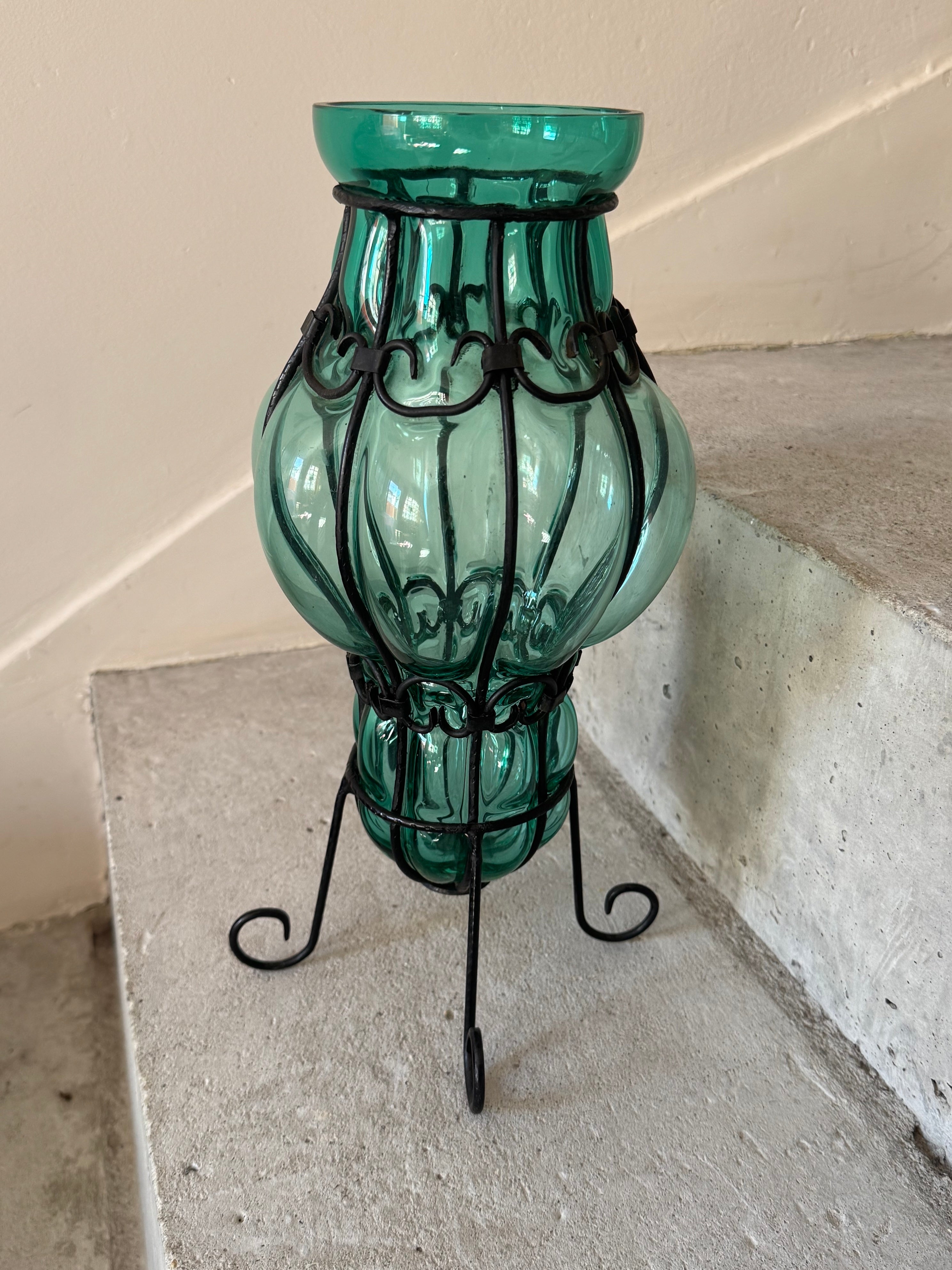 Vaso Italiano Vidro verde Soprado Bombê
