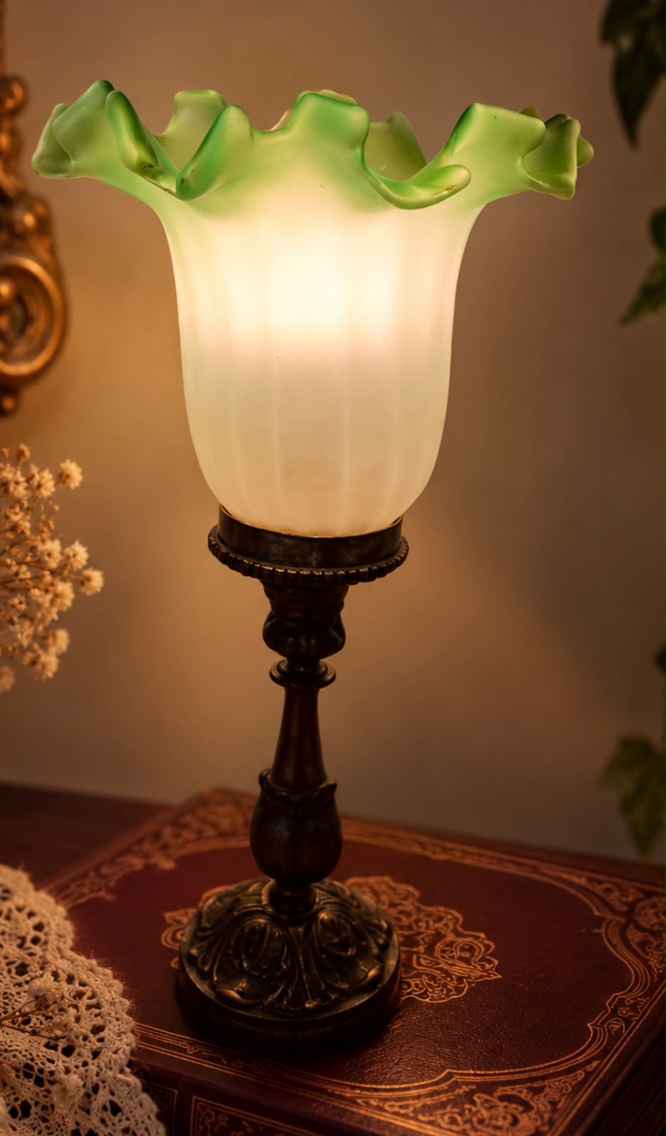 Abajur vintage – Cúpula em Vidro Verde Satinê
