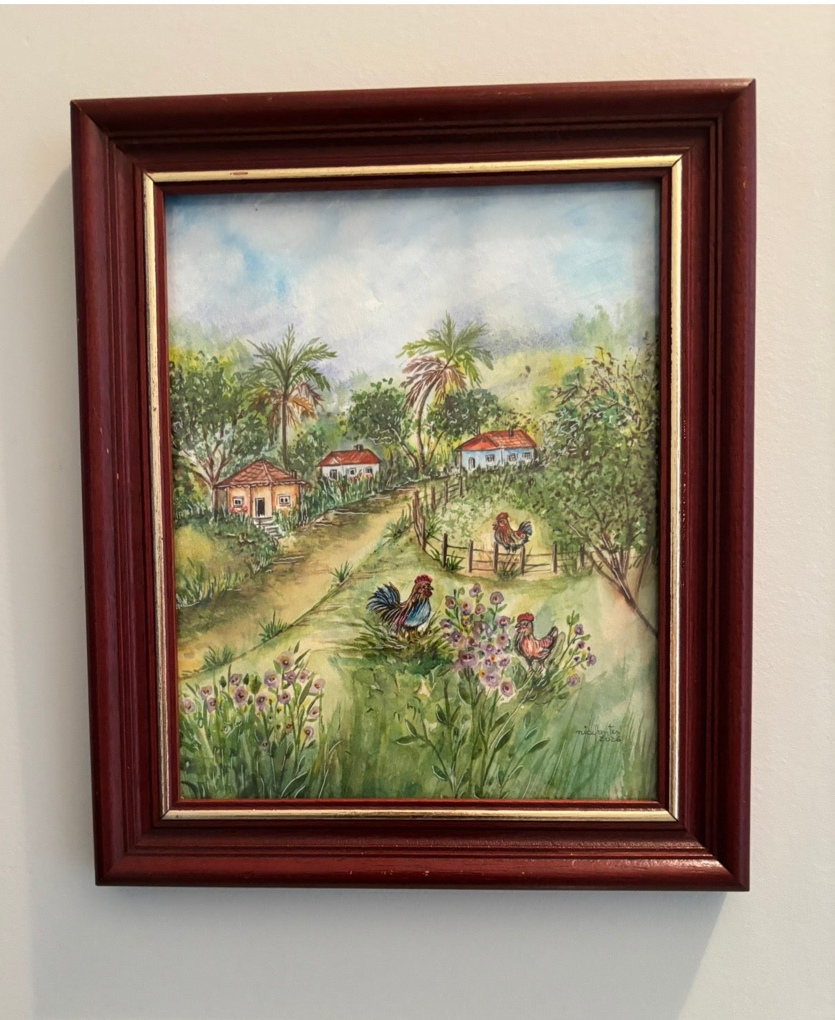 Quadro decorativo em aquarela retratando paisagem rural com galinhas 