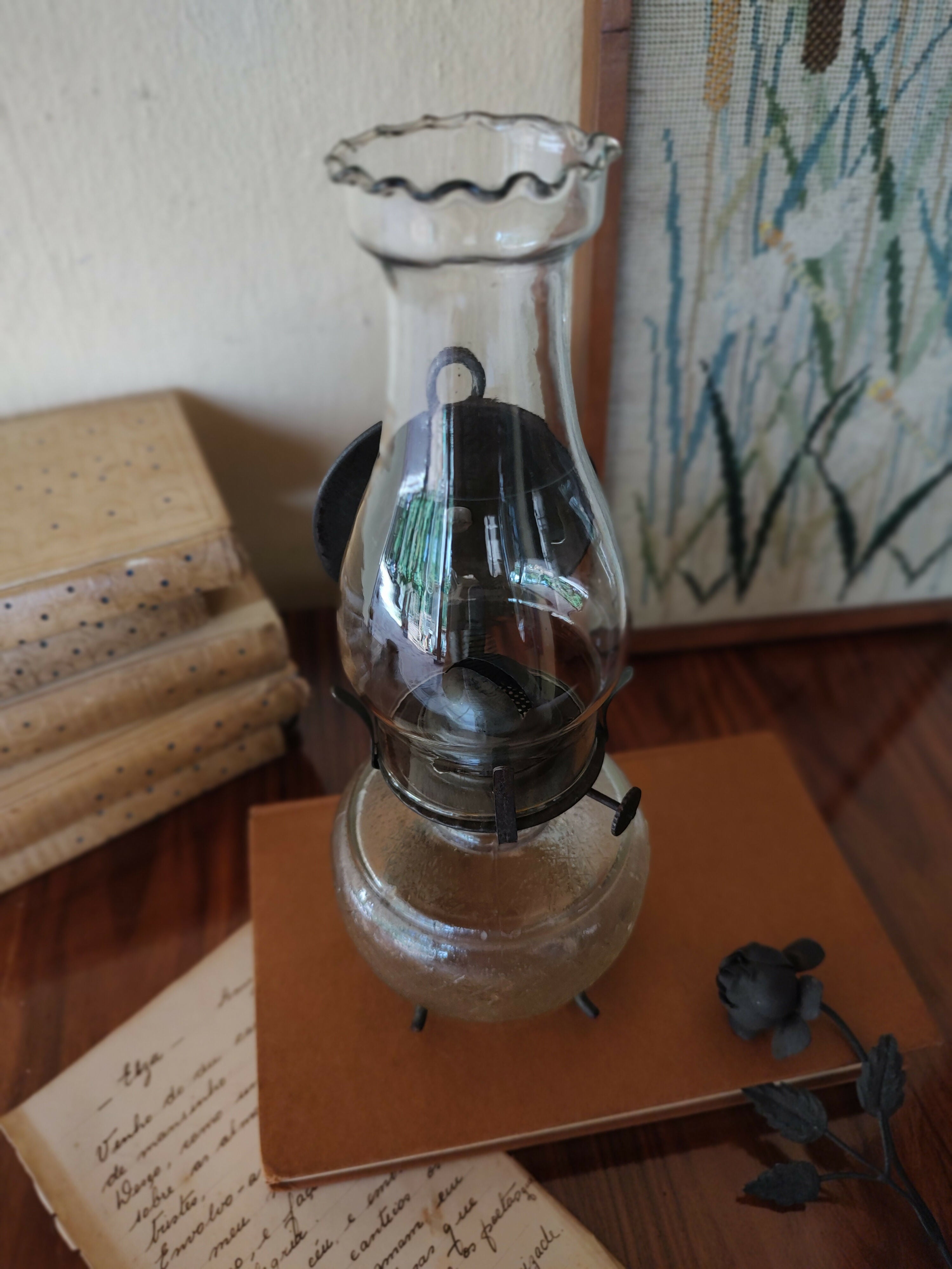 Antiga Lamparina / Lampião de mesa século XIX em vidro colonial