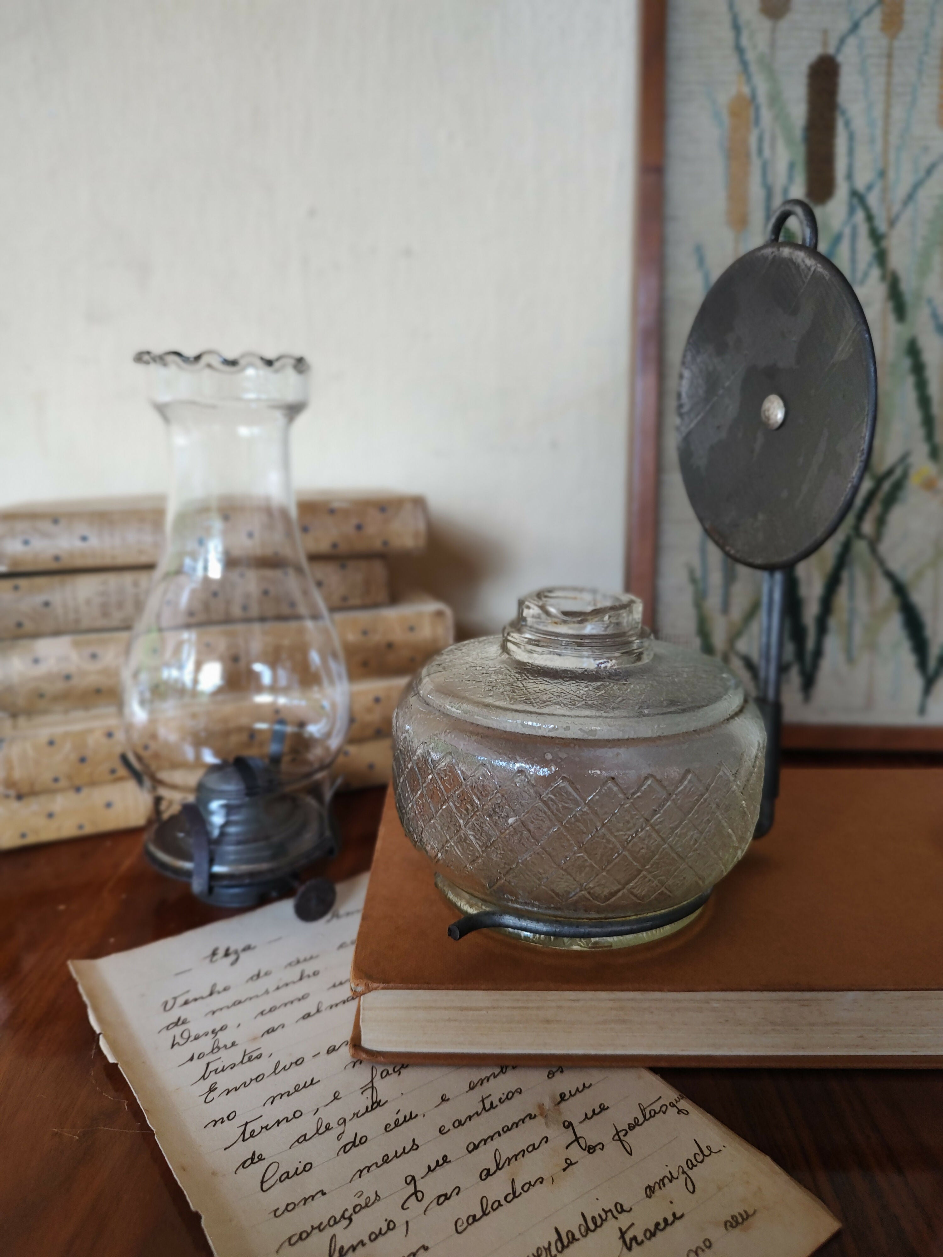 Antiga Lamparina / Lampião de mesa século XIX em vidro colonial