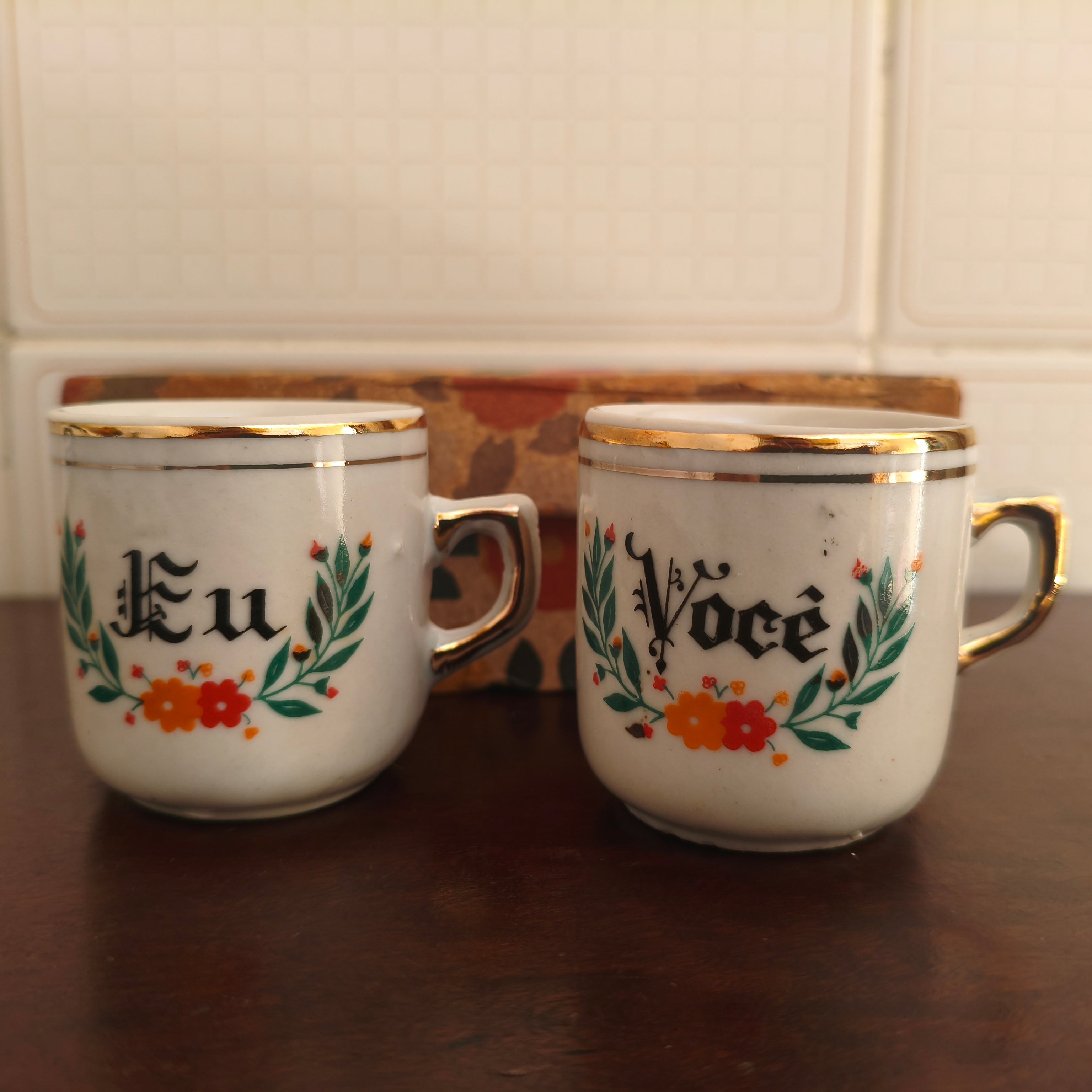Par de xícaras de café vintage "Eu e Você"