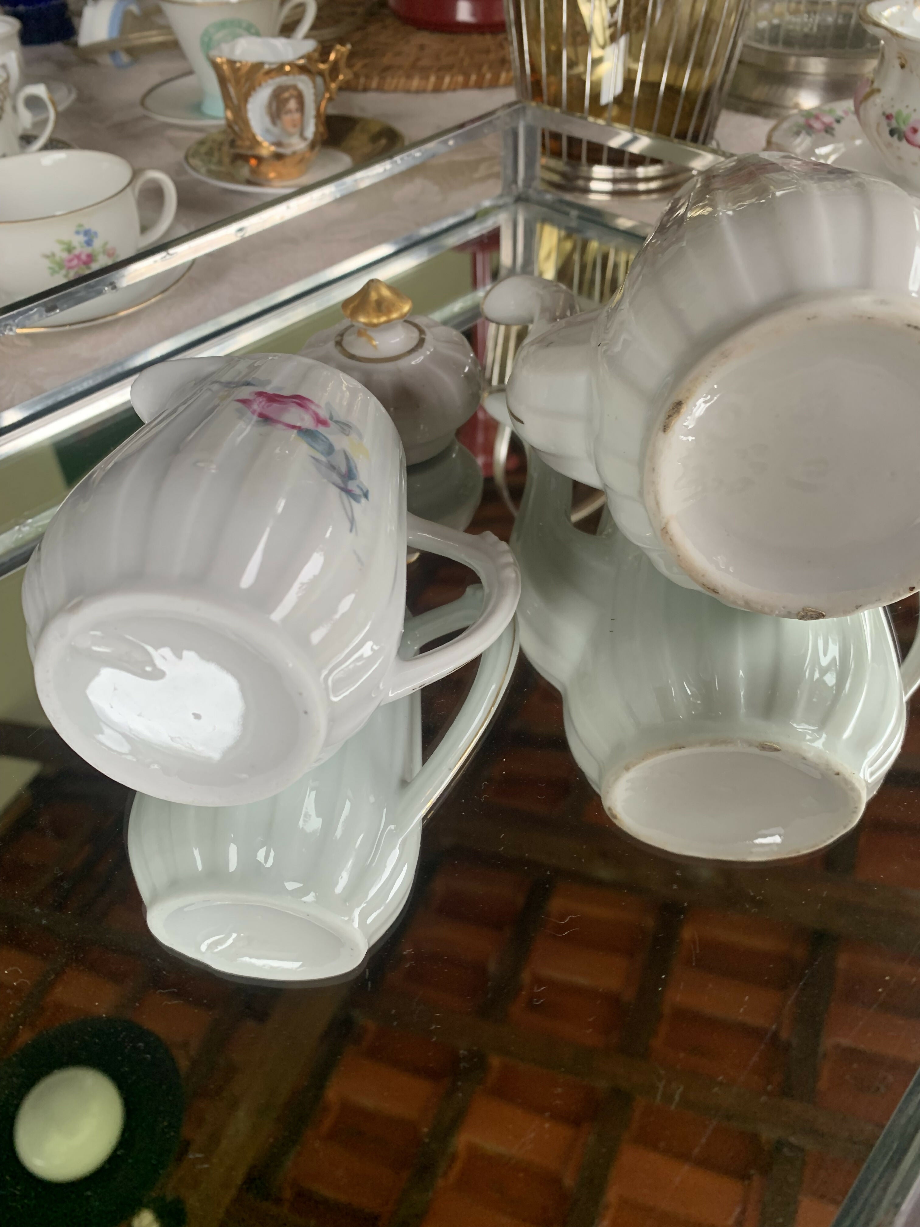 Jogo de bule e leiteira porcelana canelada