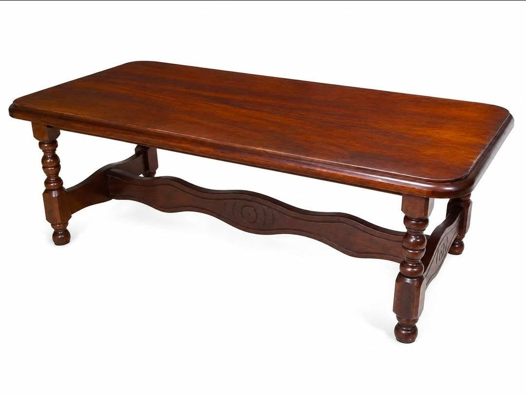 MESA DE CENTRO RETANGULAR EM MADEIRA MACIÇA COM PÉS TORNEADOS 