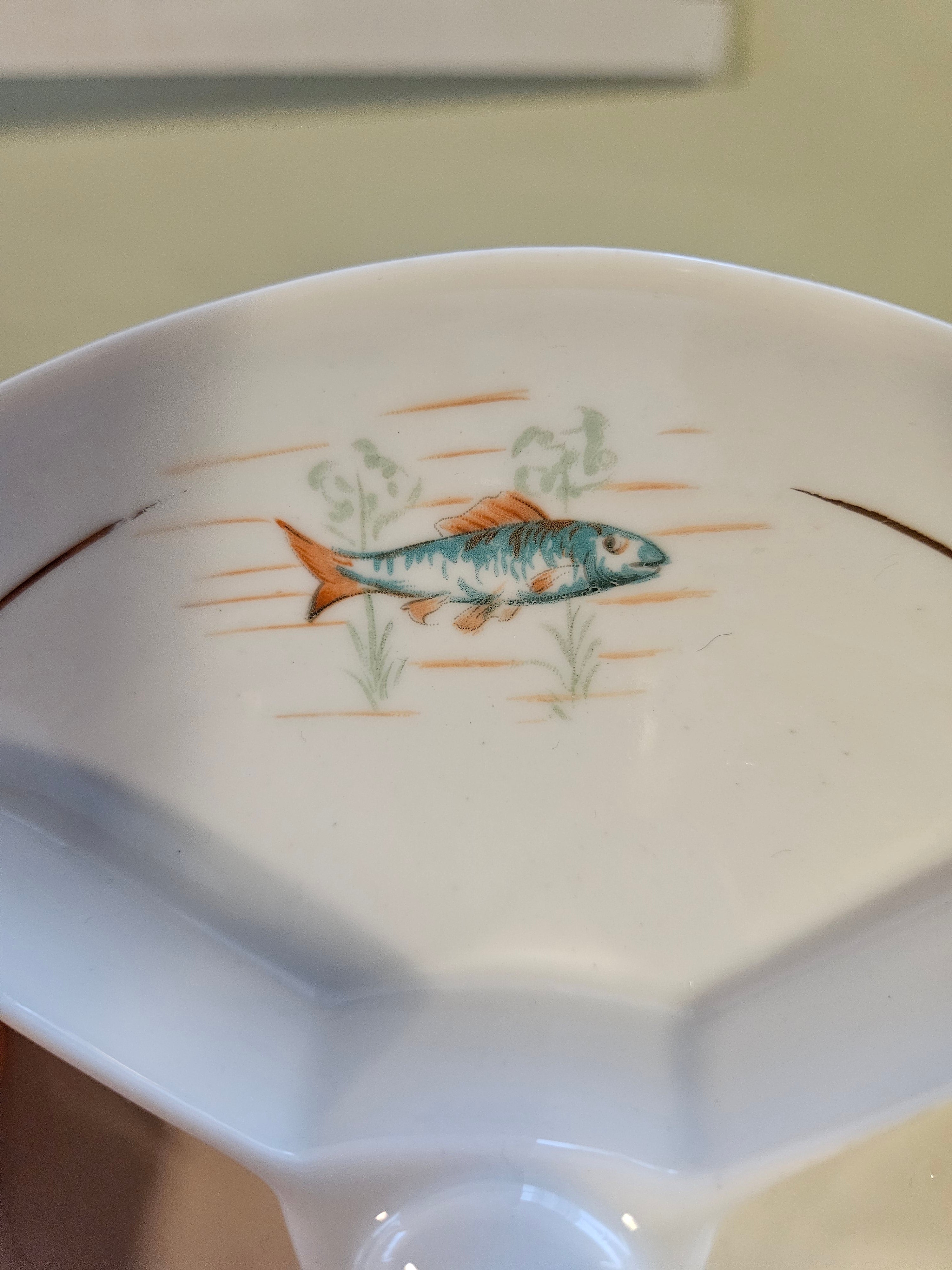 Petisqueira Tripla Vintage Porcelana Schmidt - Estampa Peixe e Filete de Ouro