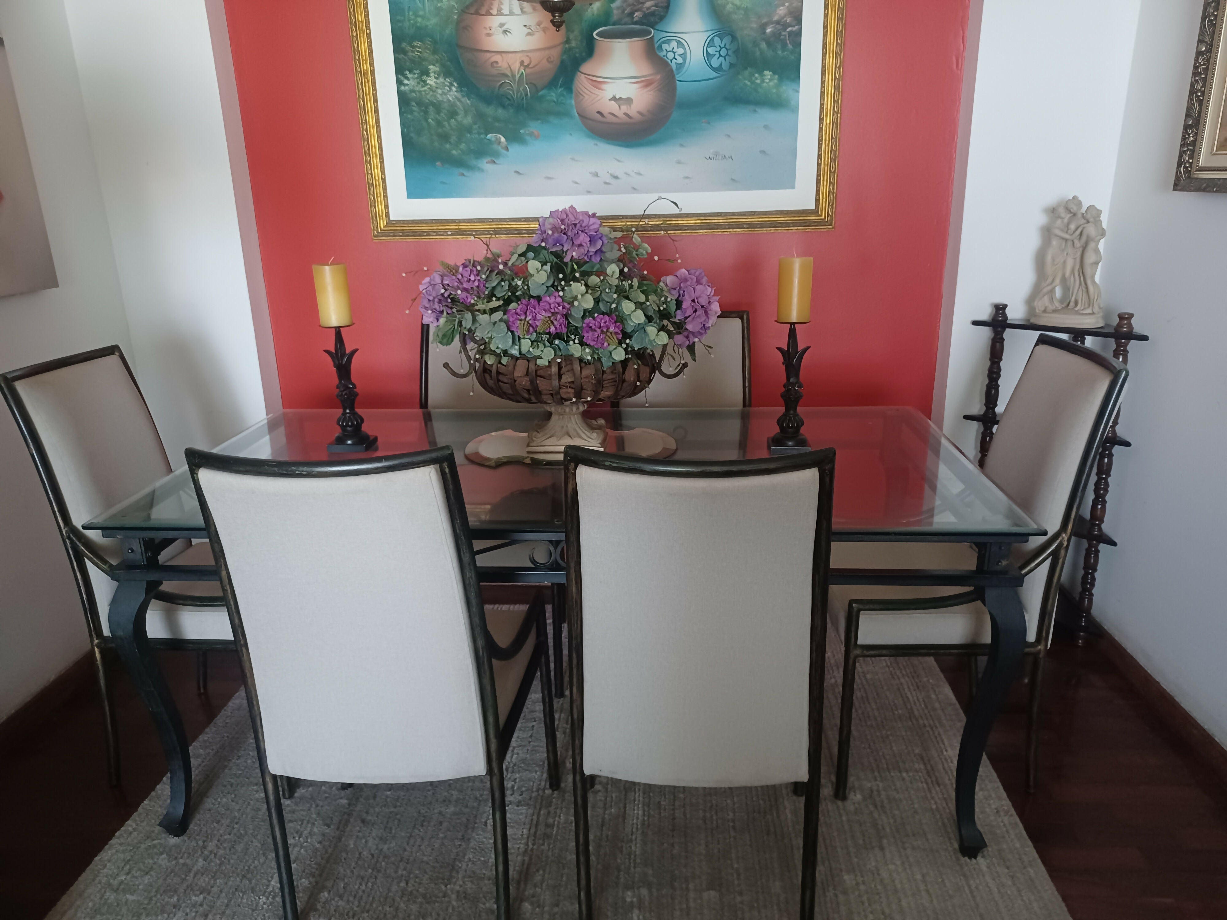 Mesa de jantar em ferro com tampo de vidro + 6 cadeiras