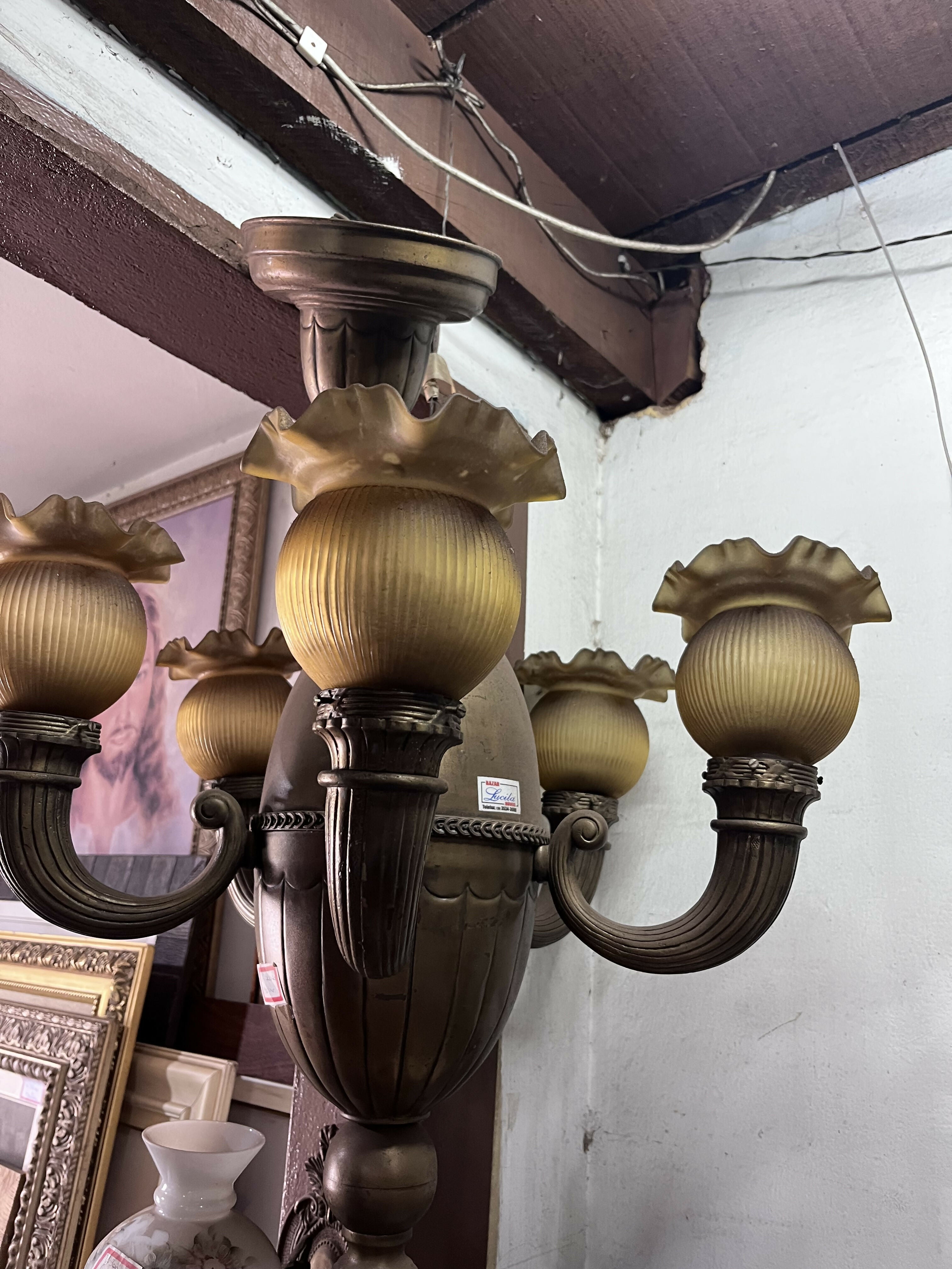 Lustre bronze 1930 cúpulas tulipas cor âmbar peça rara