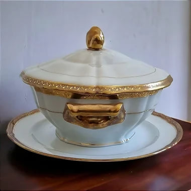 Sopeira com presentoir em porcelana branca e dourada limoges