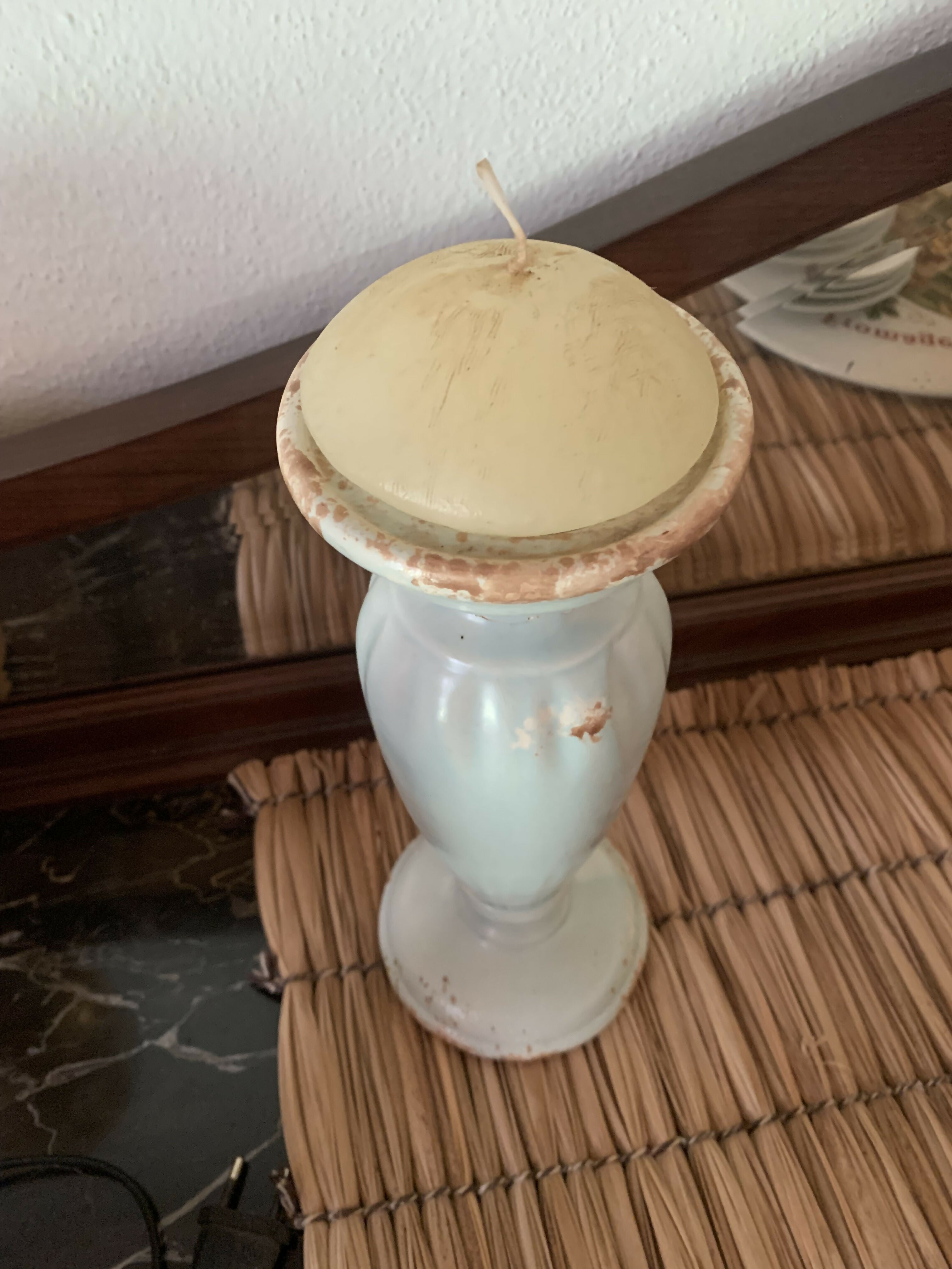 Castiçal Rústico em cerâmica verde água