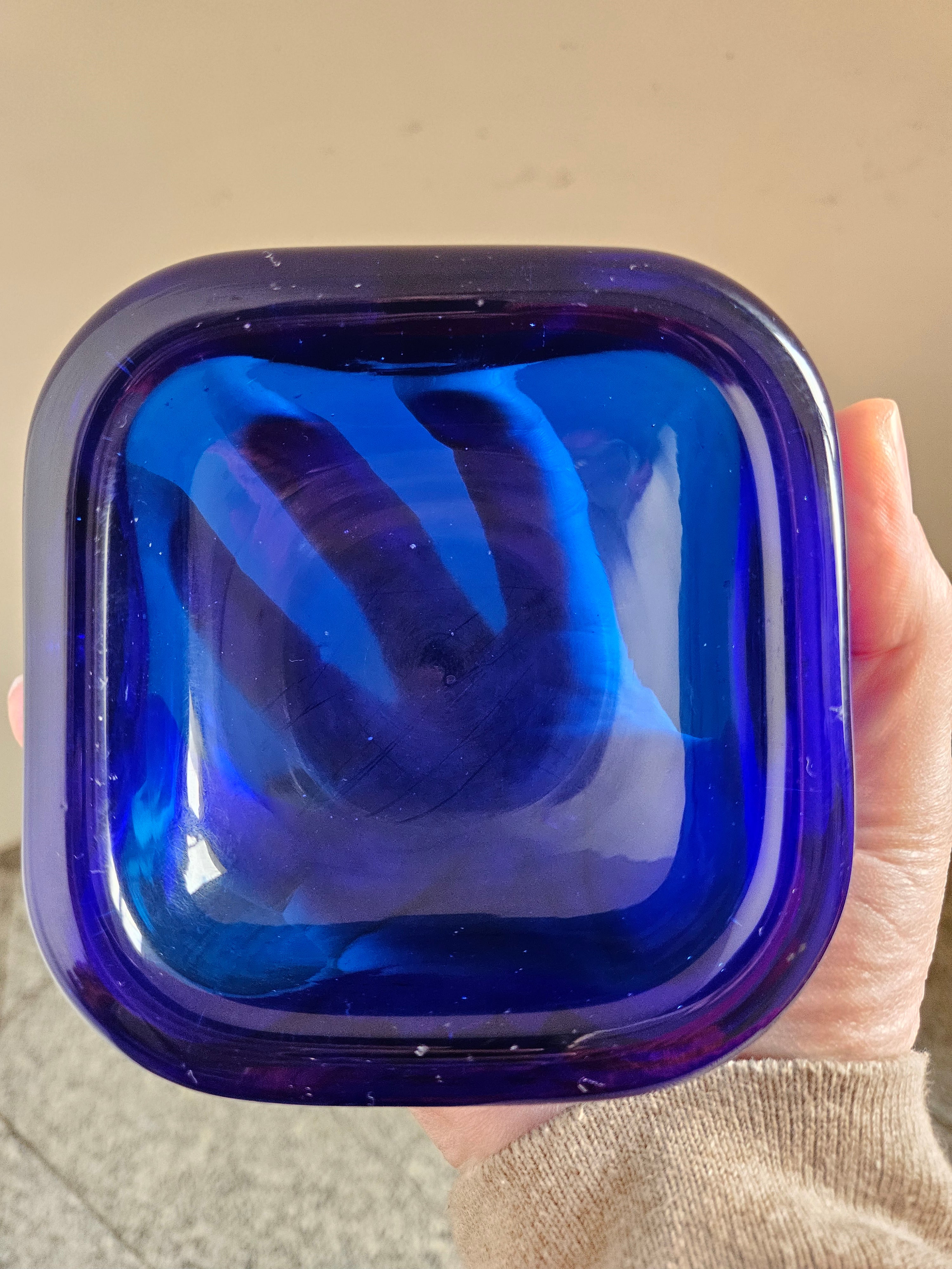 Cinzeiro / Vide-Poche Vintage quadrado em Vidro Artístico Estilo Murano Azul Cobalto Anos 50/60