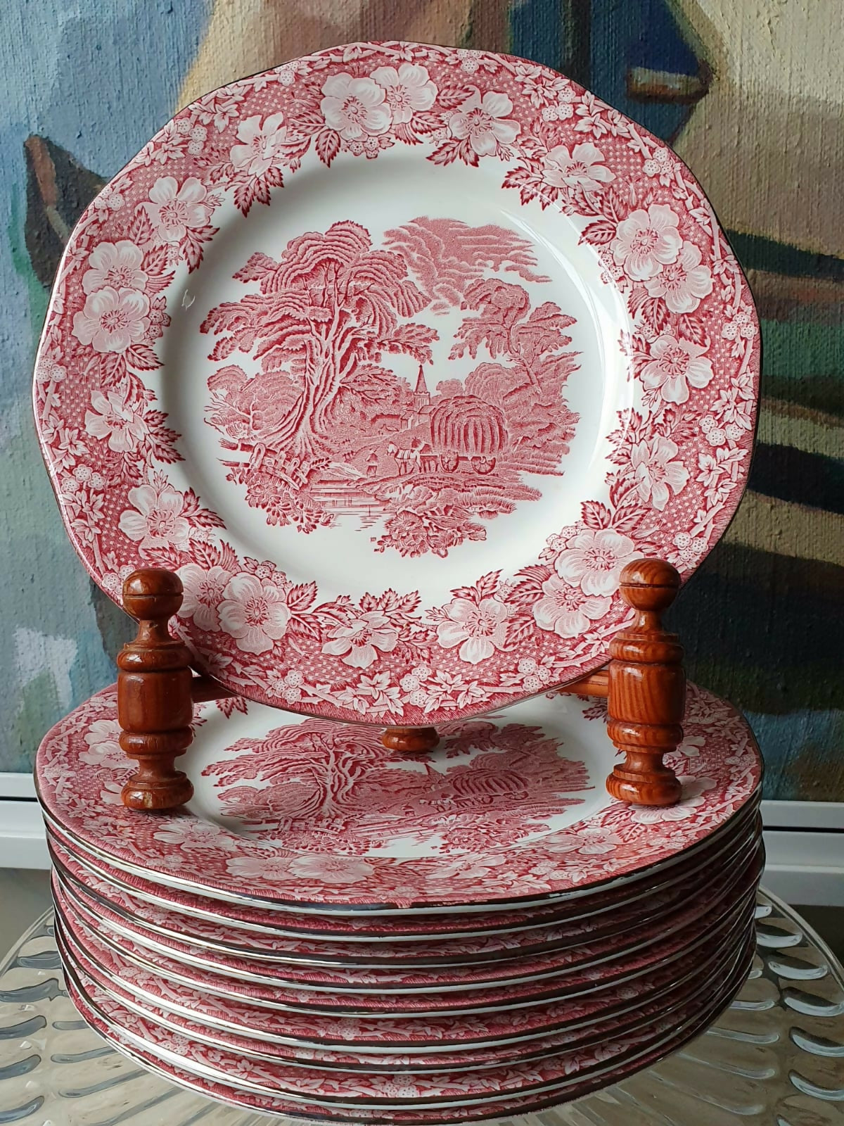 Conjunto de 16 pratos Woodland Pink da Enoch Wedgwood com carimbo Drohaoser