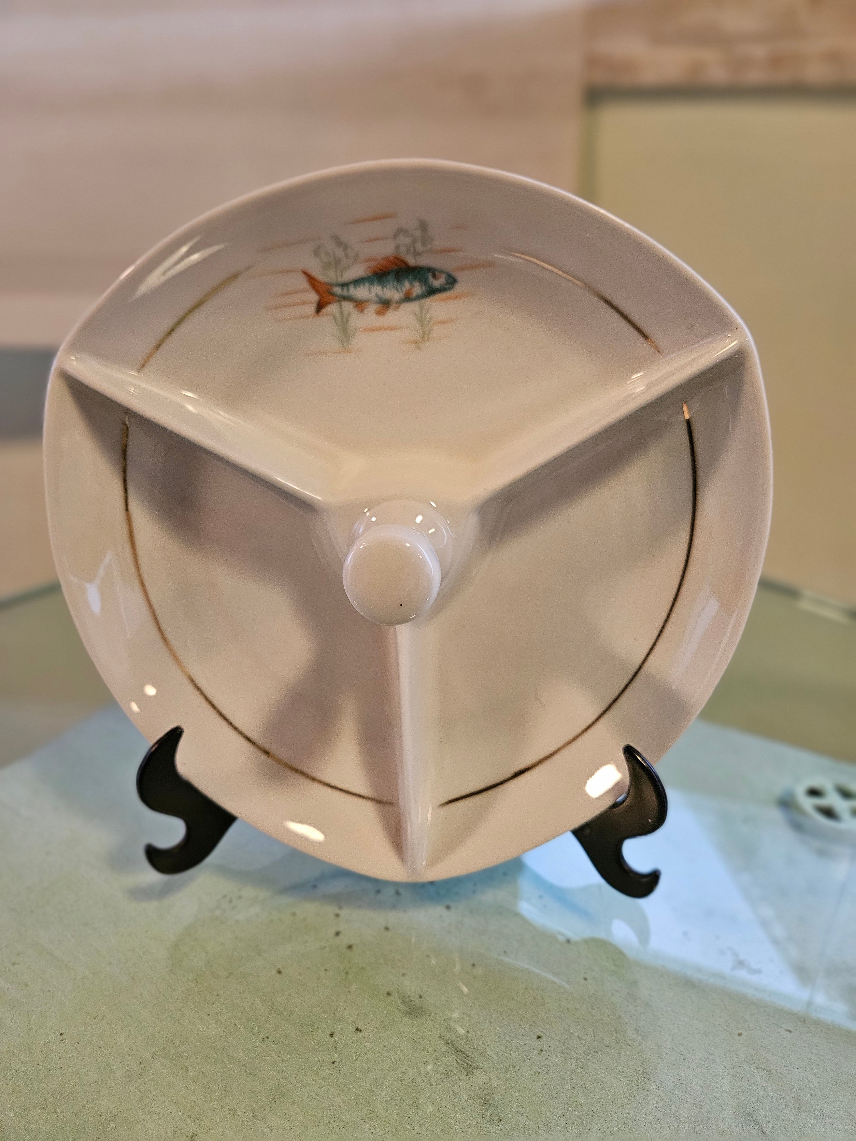 Petisqueira Tripla Vintage Porcelana Schmidt - Estampa Peixe e Filete de Ouro